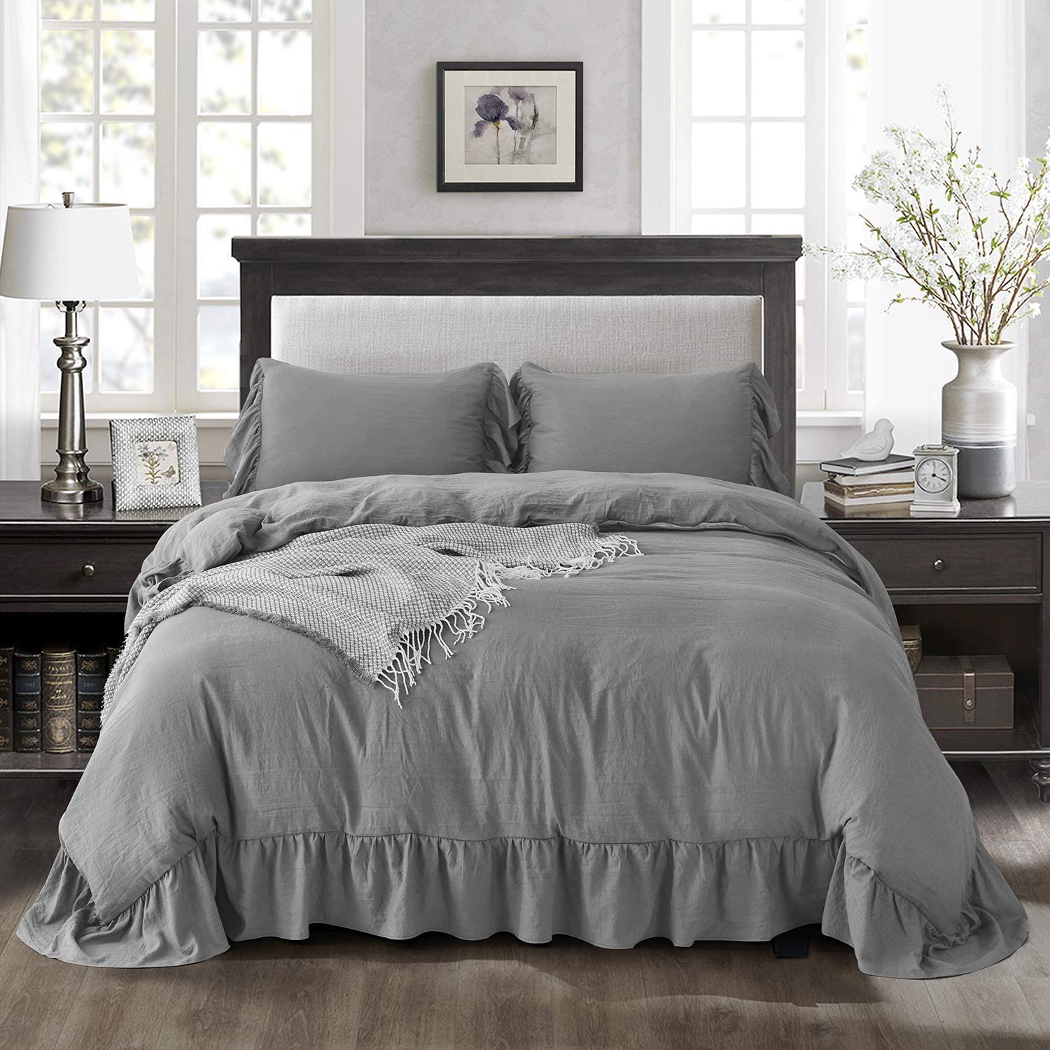 Price:$37.99  Dark Gray Duvet Cover 3 Piece Set with Mermaid Long Ruffle King - Pre-Washed Brushed Microfiber Shabby Chic Farmhouse Style Comforter Cover with 2 Shams - 4 Corner Ties - Zipper Closure(Hila) : Home & Kitchen