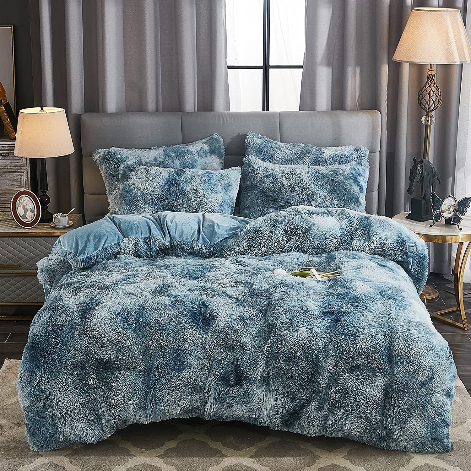 Price:$49.99  Shaggy Fluffy Tie Dye Duvet Cover Set Button Closure Velvety Bedding Set Comforter Cover with Pillowcases Tie Dye Turquoise, Twin Size : Home & Kitchen