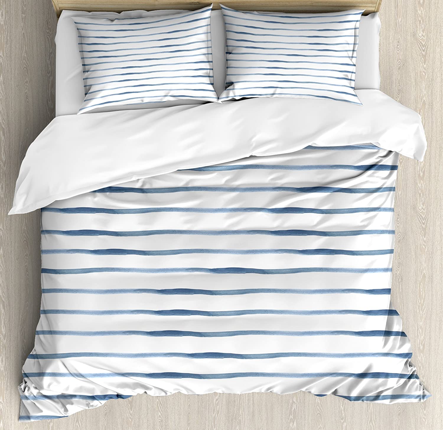 Price:$79.95  Harbour Stripe Duvet Cover Set, Abstract Brushstroke Nautical Ocean Horizontal Lines Soft Picture, Decorative 3 Piece Bedding Set with 2 Pillow Shams, Queen Size, Night Blue : Home & Kitchen