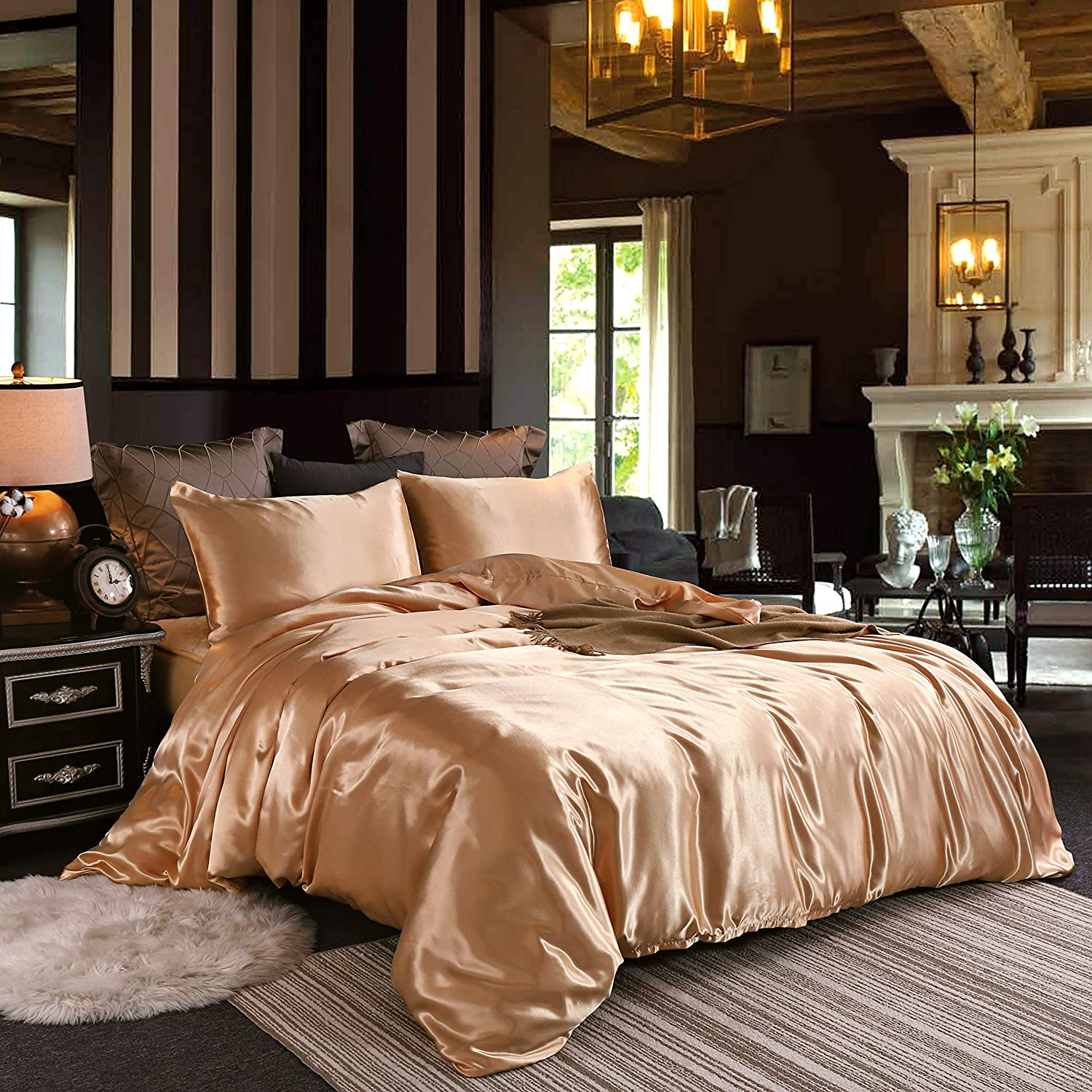 Price:$37.90  Silk Like Duvet Cover Set 3 Pieces Bedding Set Duvet Cover and Pillow Shams Gold Queen Size : Home & Kitchen