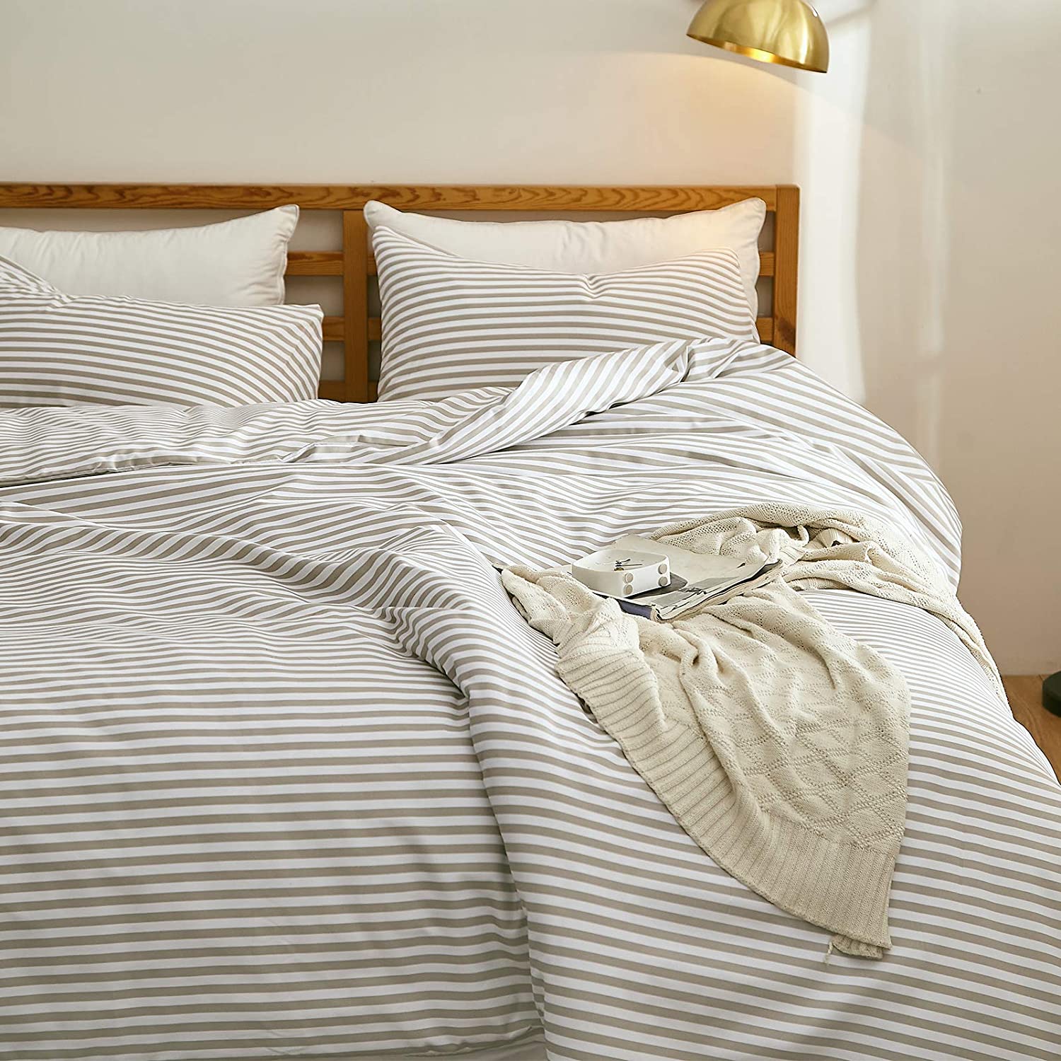 Price:$20.99  Striped Duvet Cover Sets 3 Pieces, Zipper Closure Soft Microfiber Comforter Cover, Beige and White Striped (Queen Size) : Home & Kitchen