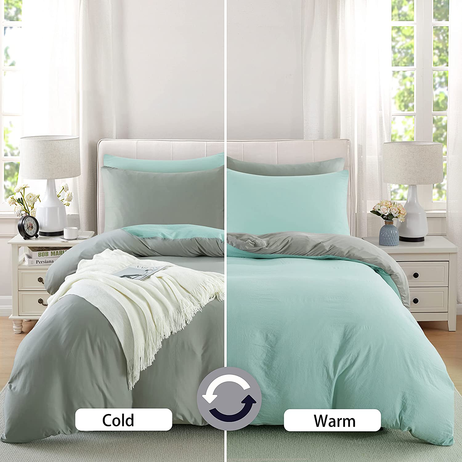Price:$49.99  Pieces Duvet Cover Set, Soft All Season Reversible Warm & Cooling Duvet Covers Queen Size with Zipper Closure, 1 Duvet Cover 90x90 inches and 2 Pillow Shams(Queen,Grey/Green) : Home & Kitchen