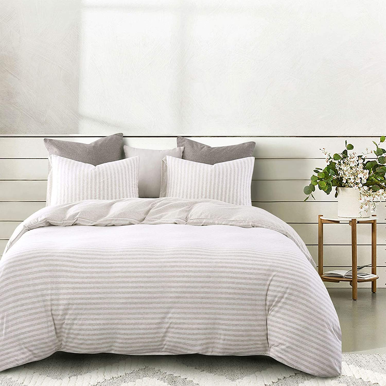 Price:$64.99  In Cloud - Jersey Cotton Duvet Cover Set, Light Coffee Color Striped Stripes, Solid Plain Color on Reverse, Comfy Soft Knit T-Shirt Jersey Bedding with Zipper Closure (3pcs, Queen Size) : Home & Kitchen
