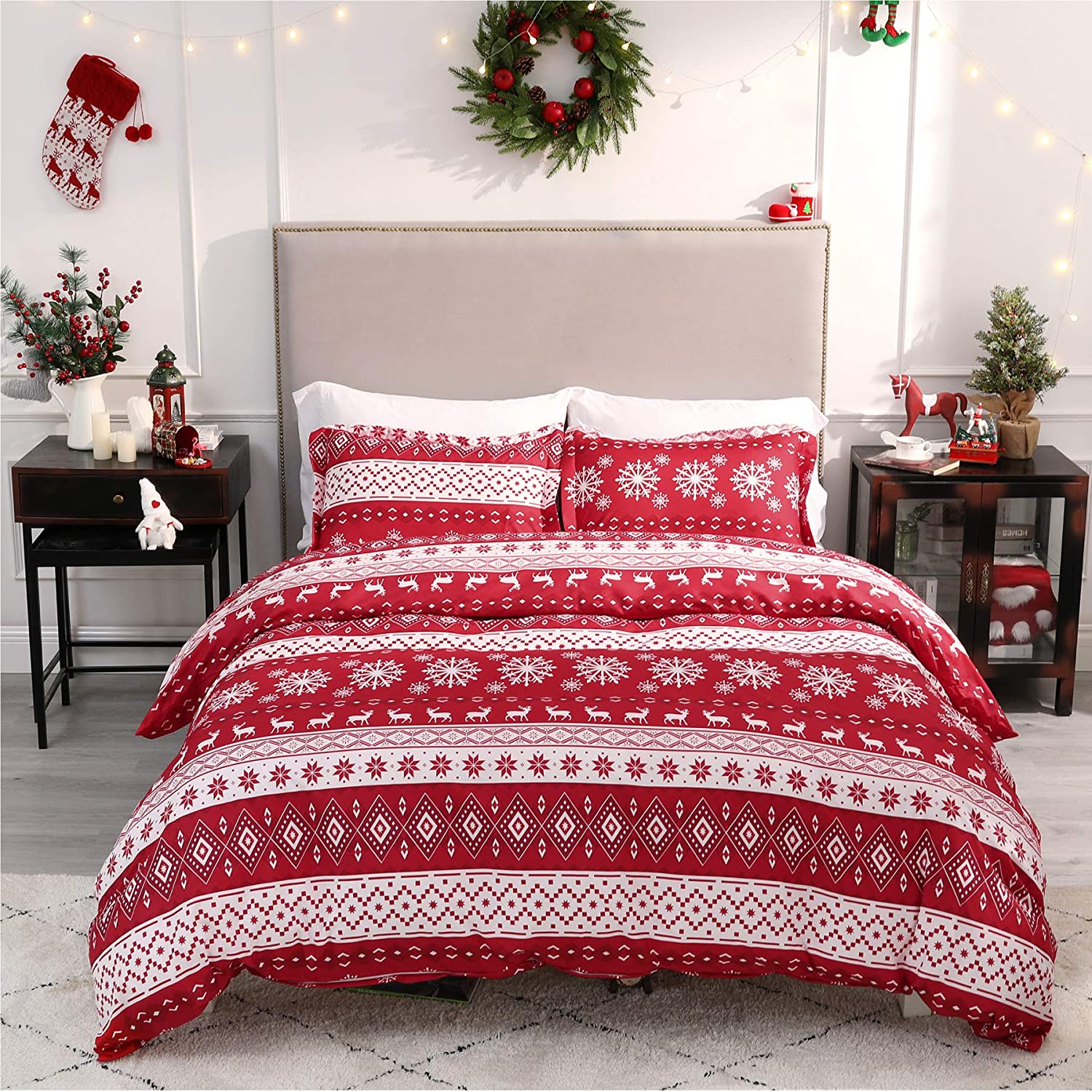 Price:$32.99  Christmas Duvet Cover Set, King Christmas Bedding - Festive Printed Pattern - Soft Microfiber Comforter Cover, 3 Pieces Bedding with 1 Duvet Cover (No Comforter Insert), 2 Pillow Shams : Home & Kitchen