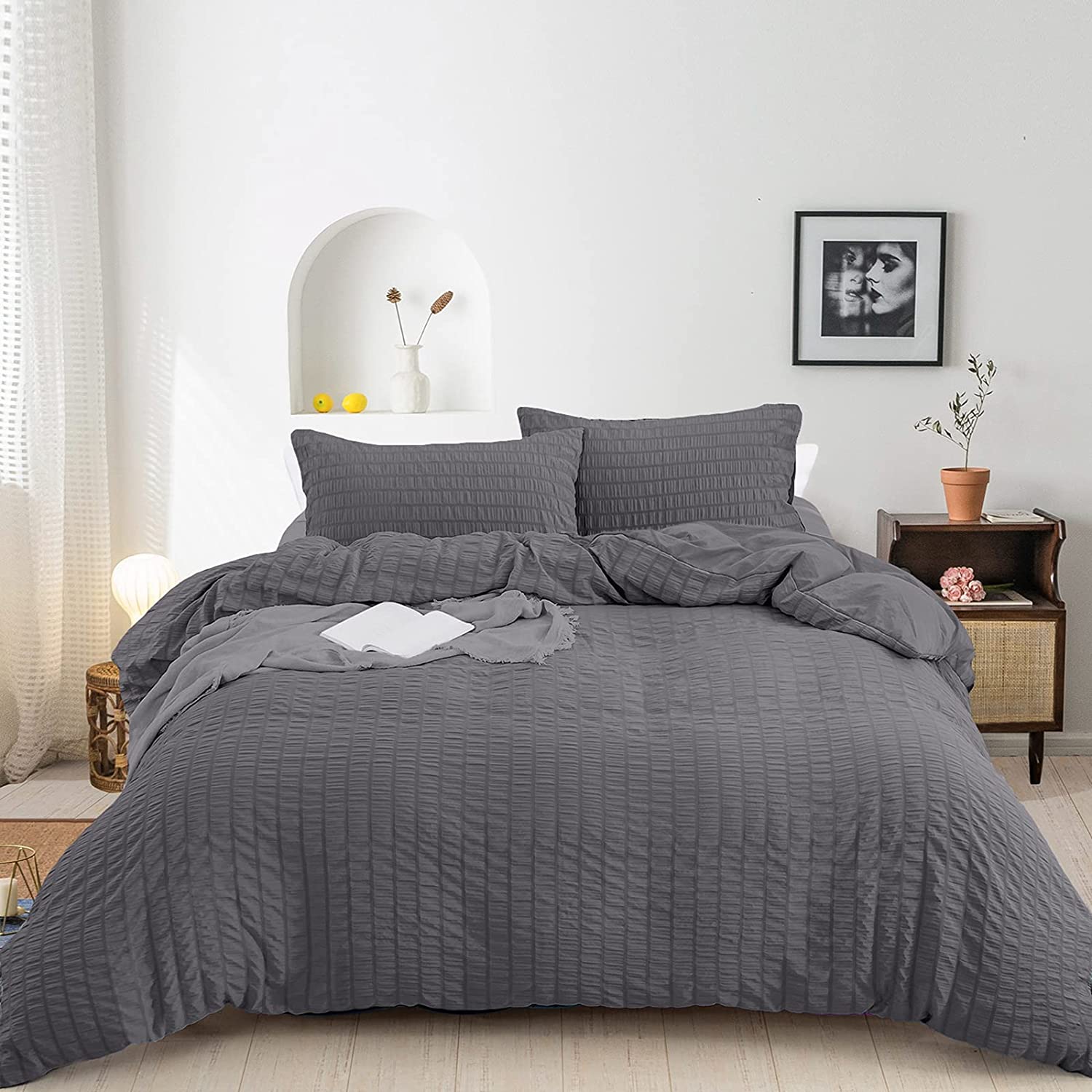 Price:$29.89  Grey Seersucker Duvet Cover Queen Striped Textured Bedding Duvet Cover with Zipper Closure for Bedding Decor, Soft Microfiber Bedding (3 Pcs, Queen Size) : Home & Kitchen