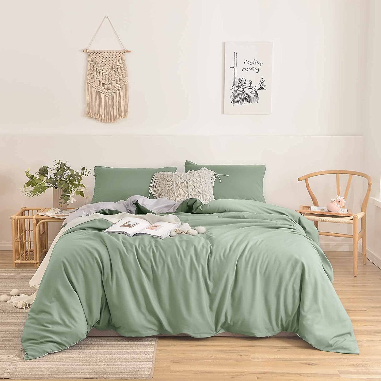 Price:$27.95  Queen Duvet Cover Set Sage Green and Grey Gray Solid Double Sided 3pc 90x90 Luxury Microfiber Comforter Quilt Bedding Cover Zip Ties - Modern Farmhouse Style for Men and Women Teen : Home & Kitchen