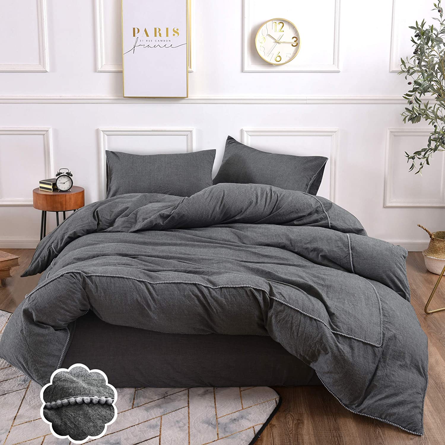 Price:$39.99  Pieces Duvet Cover Set Queen 100% Washed Cotton 1 Duvet Cover with Zipper and 2 Pillowcases, Ultra Soft and Easy Care Breathable Cozy Simple Style Bedding Set (Grey) : Home & Kitchen