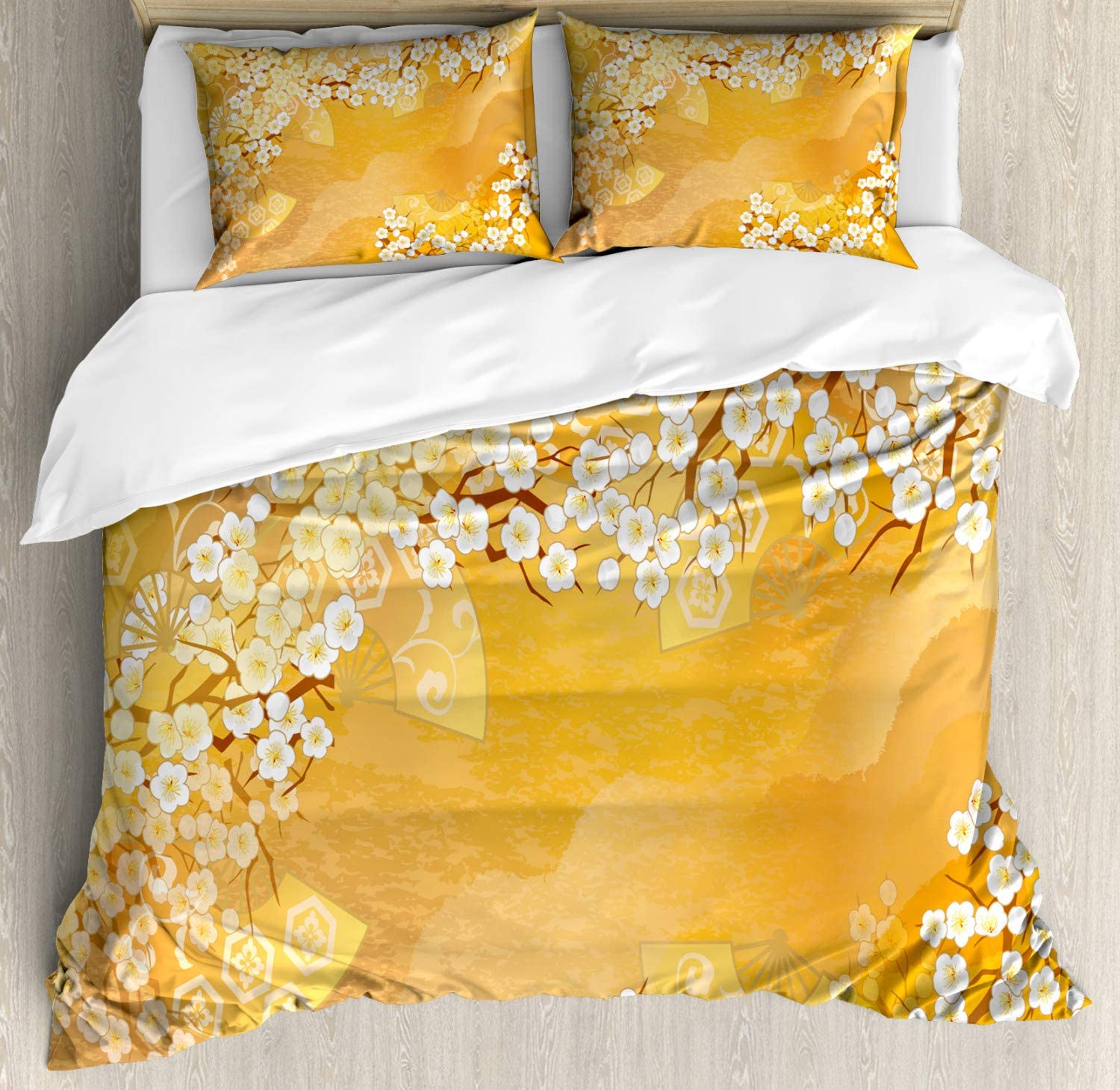 Price:$79.95  Asian Duvet Cover Set, Japanese Cherry Blossom Sakura Tree Branches Blooms Artwork, Decorative 3 Piece Bedding Set with 2 Pillow Shams, Queen Size, Marigold Cream : Home & Kitchen