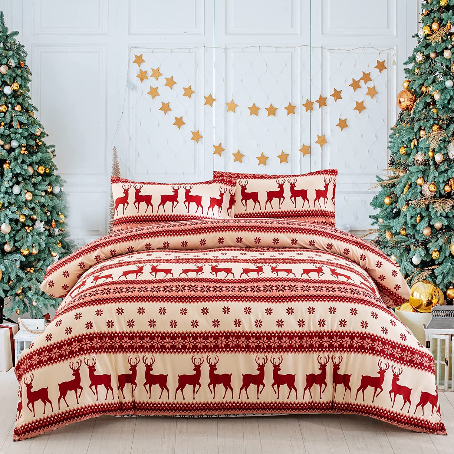 Price:$30.99  Duvet Cover Set Queen Reindeer Reversible New Year Comforter Cover 3 Pieces with Zipper (90 X 90 Inches),Lightweight Soft Microfiber Holiday Bedding Set for Kids Adult : Home & Kitchen