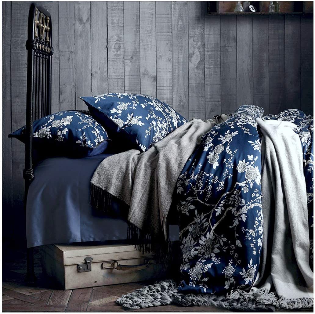 Price:$128.80  Floral Chinoiserie Blossom Print Duvet Quilt Cover Navy Blue Tan White Asian Style Botanical Tree Branches Ornamental Drawing 400TC Egyptian Cotton 3pc Bedding Set (King) : Home & Kitchen