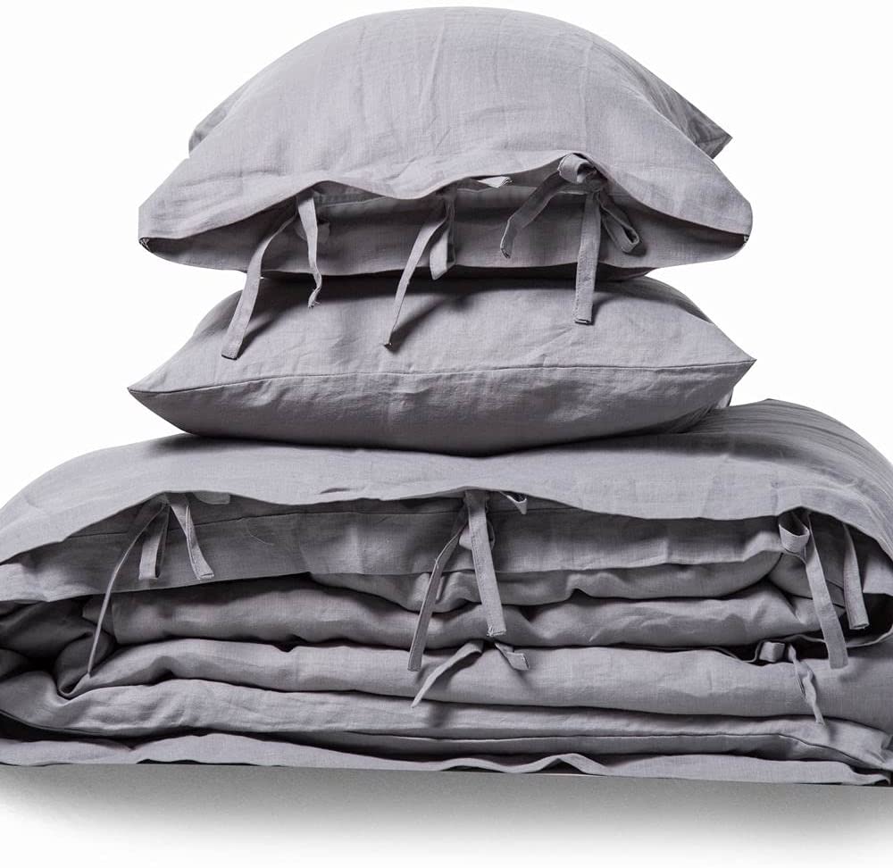 Price:$127.99  PARK Stone Washed Linen Duvet Cover Set 3 Pieces, Queen 90 inches x 94 inches, Pillow Shams 20 inches x 26 inches, Ties Closure Style - Corner Ties, Super Soft, Grey : Home & Kitchen