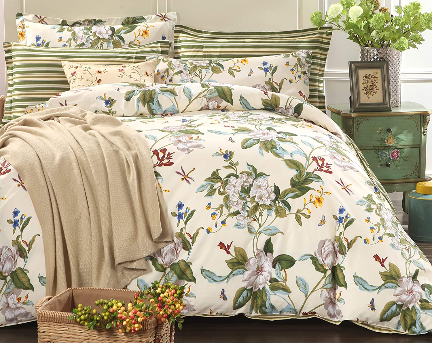 Price:$95.00  Floral Duvet Cover Set 100% Cotton Green and Beige Striped Shabby Flower Bedding Branches Summer Bedding Reversible 600 TC Soft Zipper Comforter Cover & 2 Pillowcases，Full : Home & Kitchen