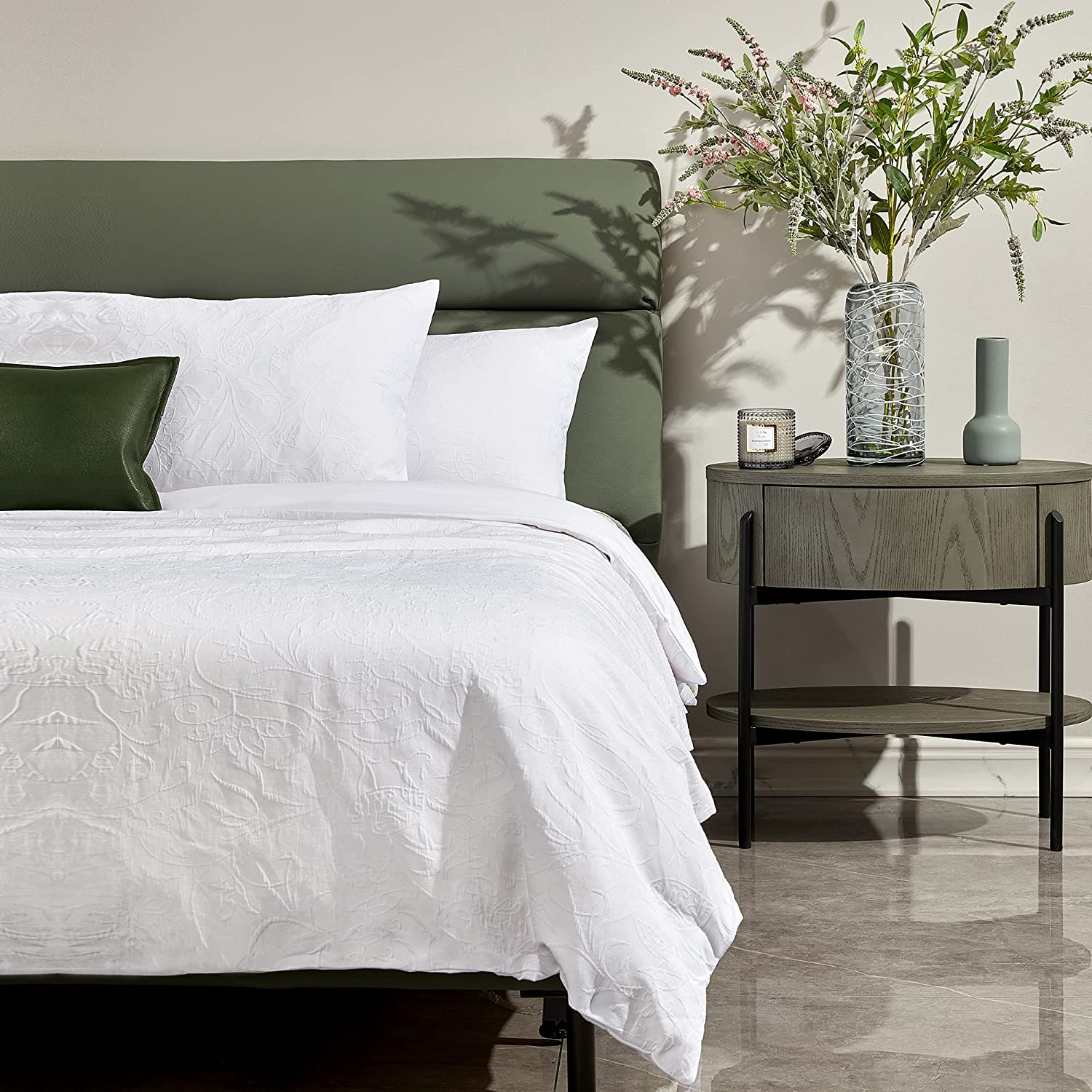 Price:$109.98  Jolie Muse King Size Duvet Cover Set of 3 with Embossed Floral Pattern, White, Natural Cotton Bedding Set, Combo of Duvet Cover and Sham Covers : Home & Kitchen