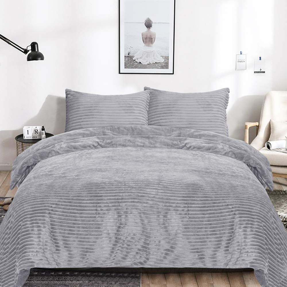 Price:$48.89  Flannel Duvet Cover Queen Set Velvet 3 Pieces Reversible Bed Blanket Striped Comforter Cover Set with Button Closure Luxury Soft Bedding Set Plush and Warm for Winter Solid Color (Grey,Queen) : Home & Kitchen