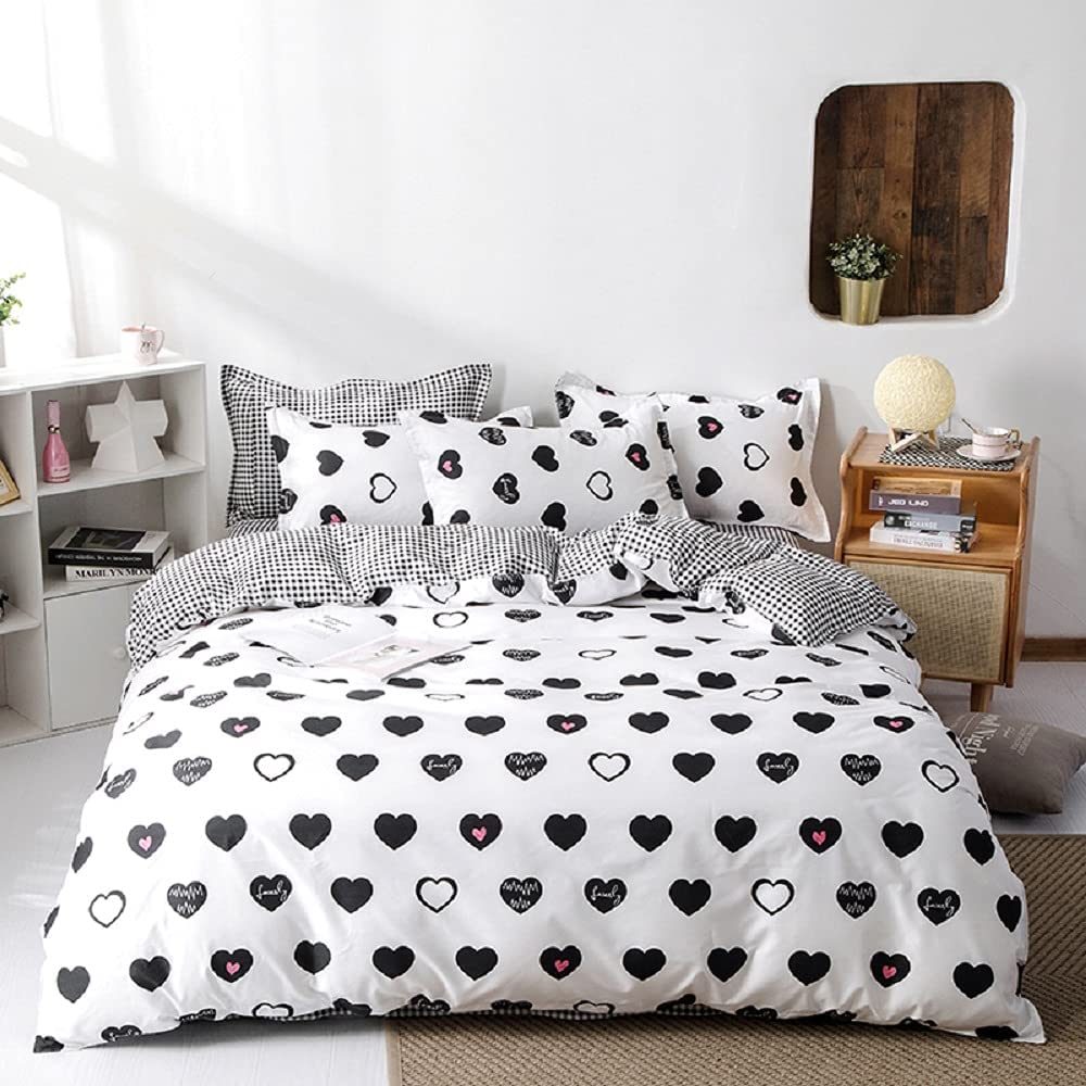 Price:$36.99  Duvet Cover Set King Size Black and White Chequer Striped Bedding Set Modern Soft Luxury Microfiber Reversible Love Heart Pattern Comforter Cover for Kids Child Boys Men Women Teens : Home & Kitchen
