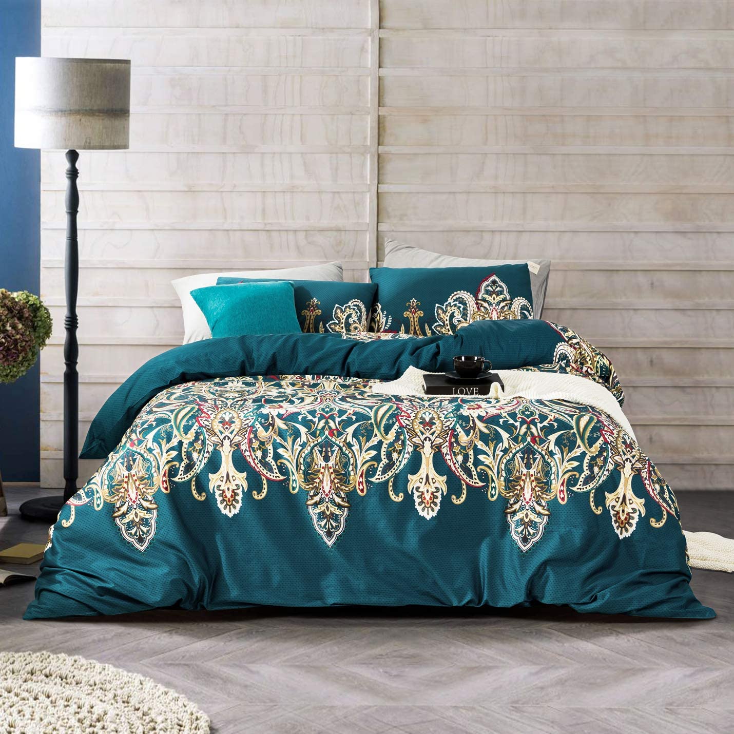 Price:$63.99  Duvet Cover Set 100% Egyptian Cotton Teal King Size Boho Paisley Bedding 3 Pieces Set 1 Retro Damask Print Duvet Cover with Zipper 2 Pillowcases Hotel Quality Soft Silky Breathable Durable : Home & Kitchen