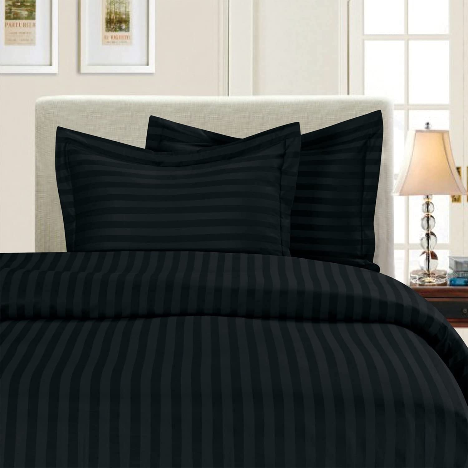 Price:$89.99  3 Piece Striped Duvet Cover Set - 500 TC Egyptian Quality Silky-Soft Damask Stripe Duvet Cover Set, Full/Queen, Black : Home & Kitchen