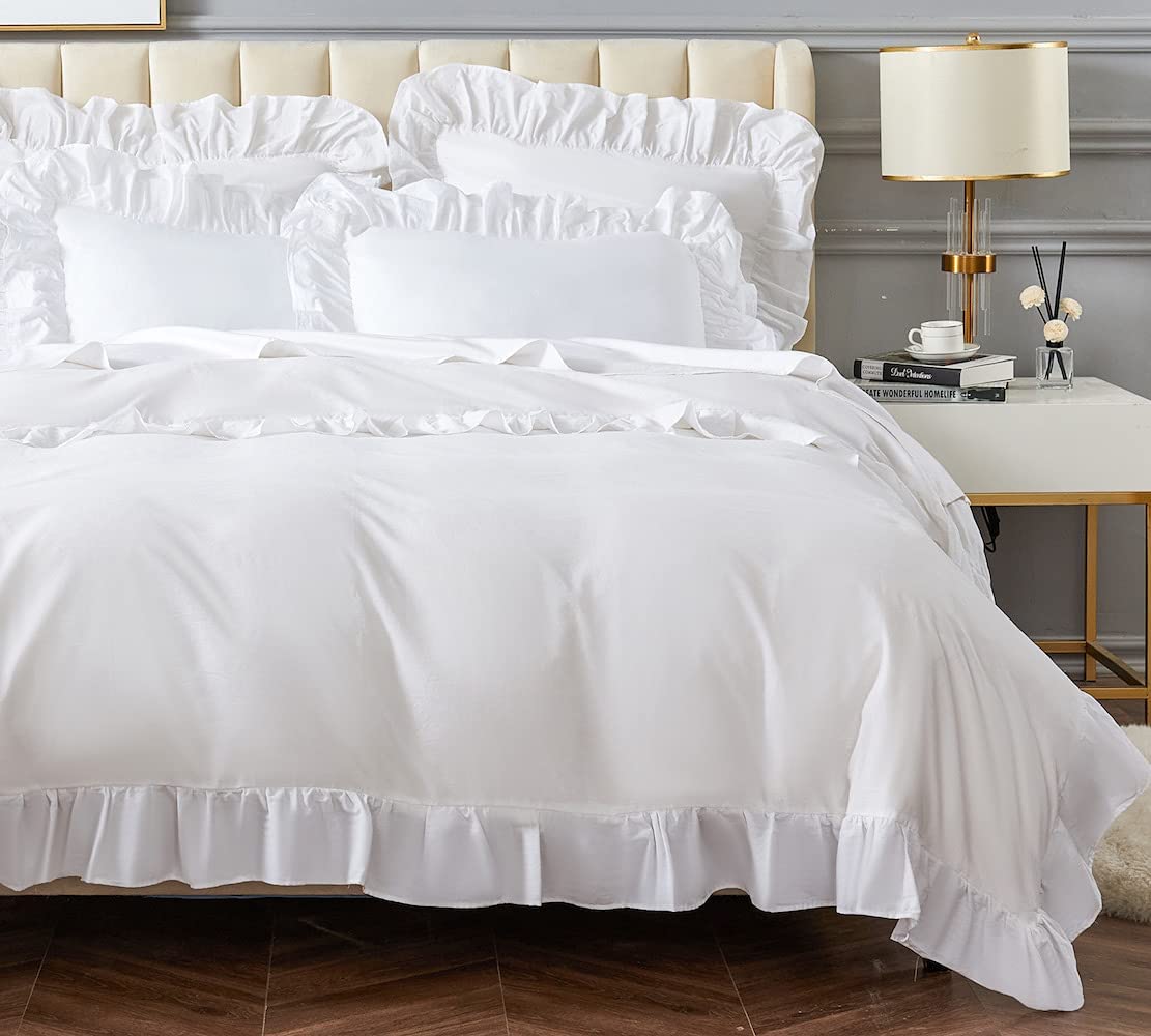 Price:$49.99  Cover Set Full/Queen Cotton, White Bedding Decorative Romantic Ruffle, 3 Pieces Set - 1 90"X90" Cover + 2 Standard Shams : Home & Kitchen