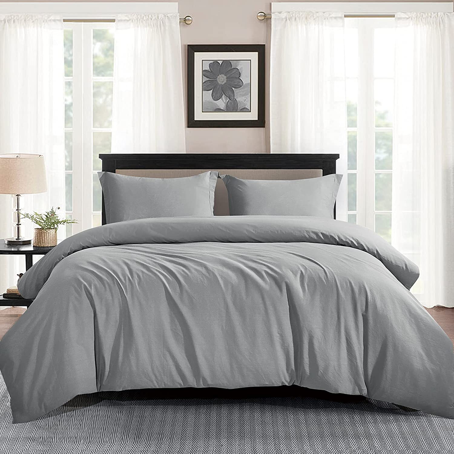 Price:$25.99  100% Washed Cotton Duvet Cover Set King Size Light Grey 3PCS 104" x 90" Soft Bedding Comforter Cover with Corner Ties and Zipper Closure, Luxury Duvet Covers, Light Gray : Home & Kitchen