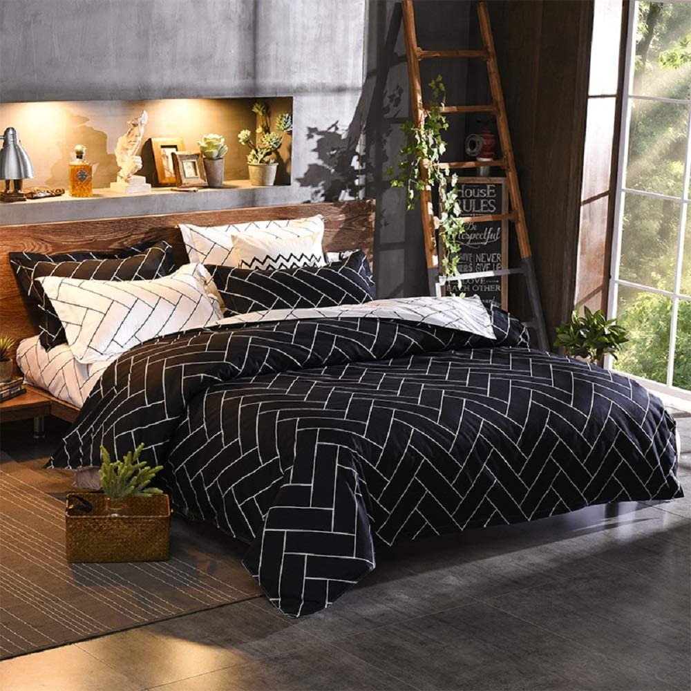 Price:$32.99  Geometric Duvet Cover Set Queen 3 Piece  and White Striped Bedding Set Modern Soft Luxury Microfiber Reversible Stripe Pattern Comforter Cover for Boys Men Women Teens with Zipper Closure : Home & Kitchen