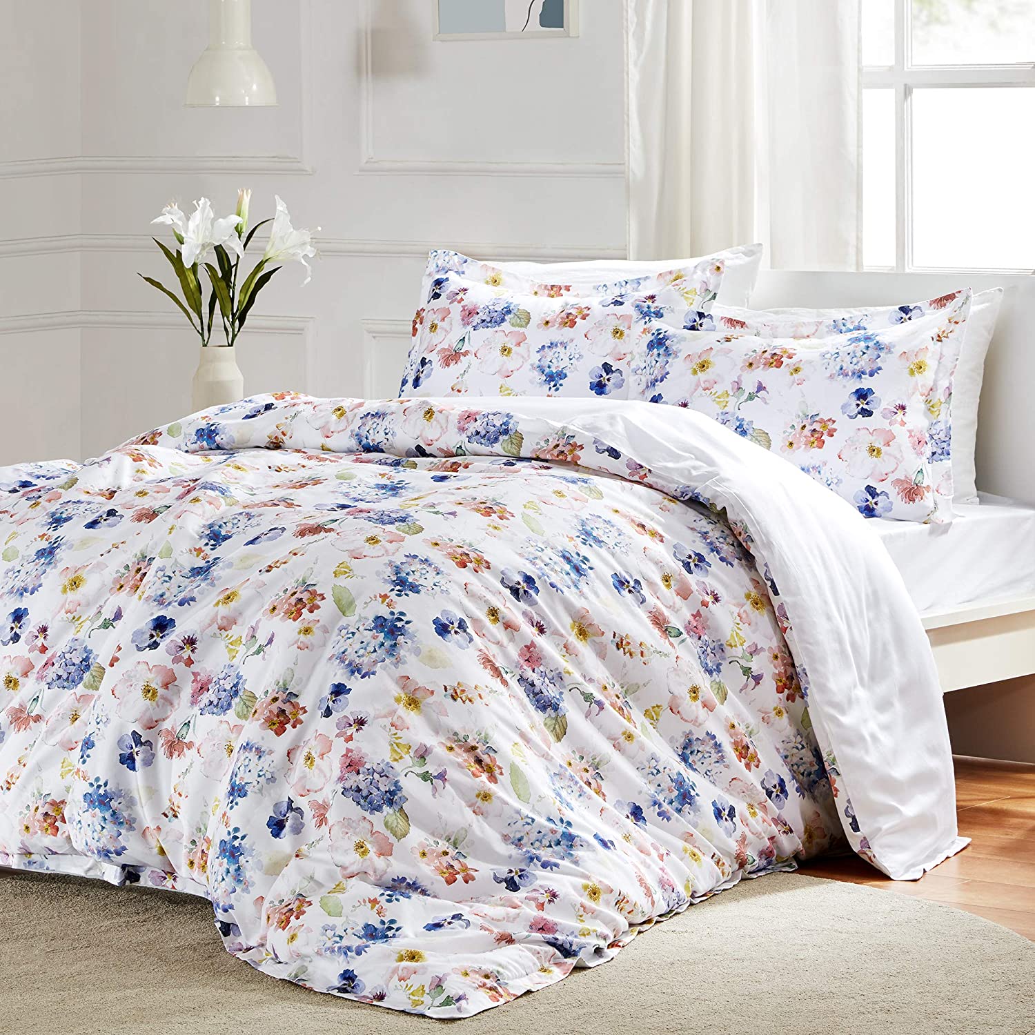 Price:$49.99  3-Piece Bedding Duvet Cover Set Full/Queen Size - 100% Luxury Cotton Floral Blossoms Printed Pattern Ultra Soft Breathable with YKK Zipper Closure : Home & Kitchen