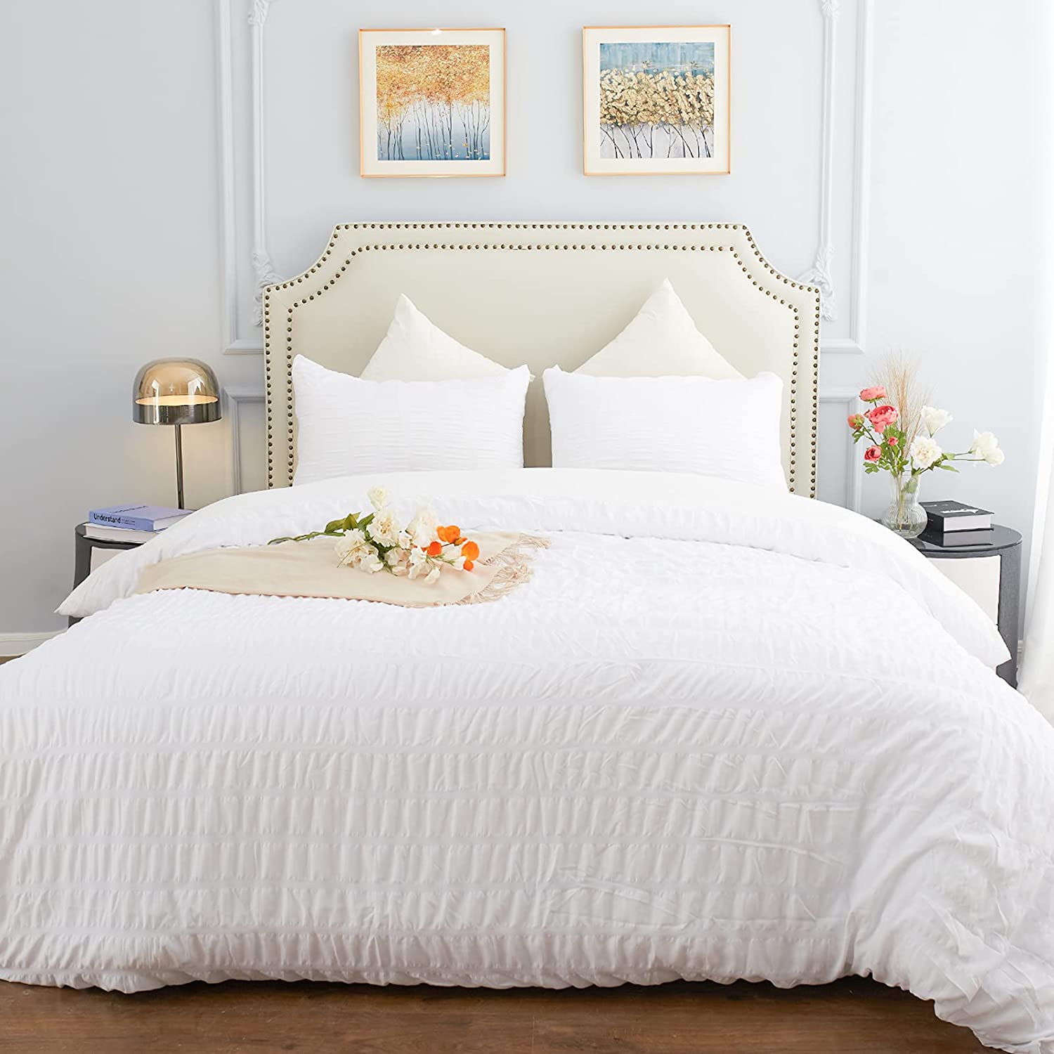 Price:$19.99  Cover Set Twin Size, White Seersucker Textured  Cover Set with Zipper Closure & Corner Ties, 3 Pieces (1  Cover 2 Pillowcases) 100% Washed Microfiber Comforter Cover, 68x90 Inches : Everything Else