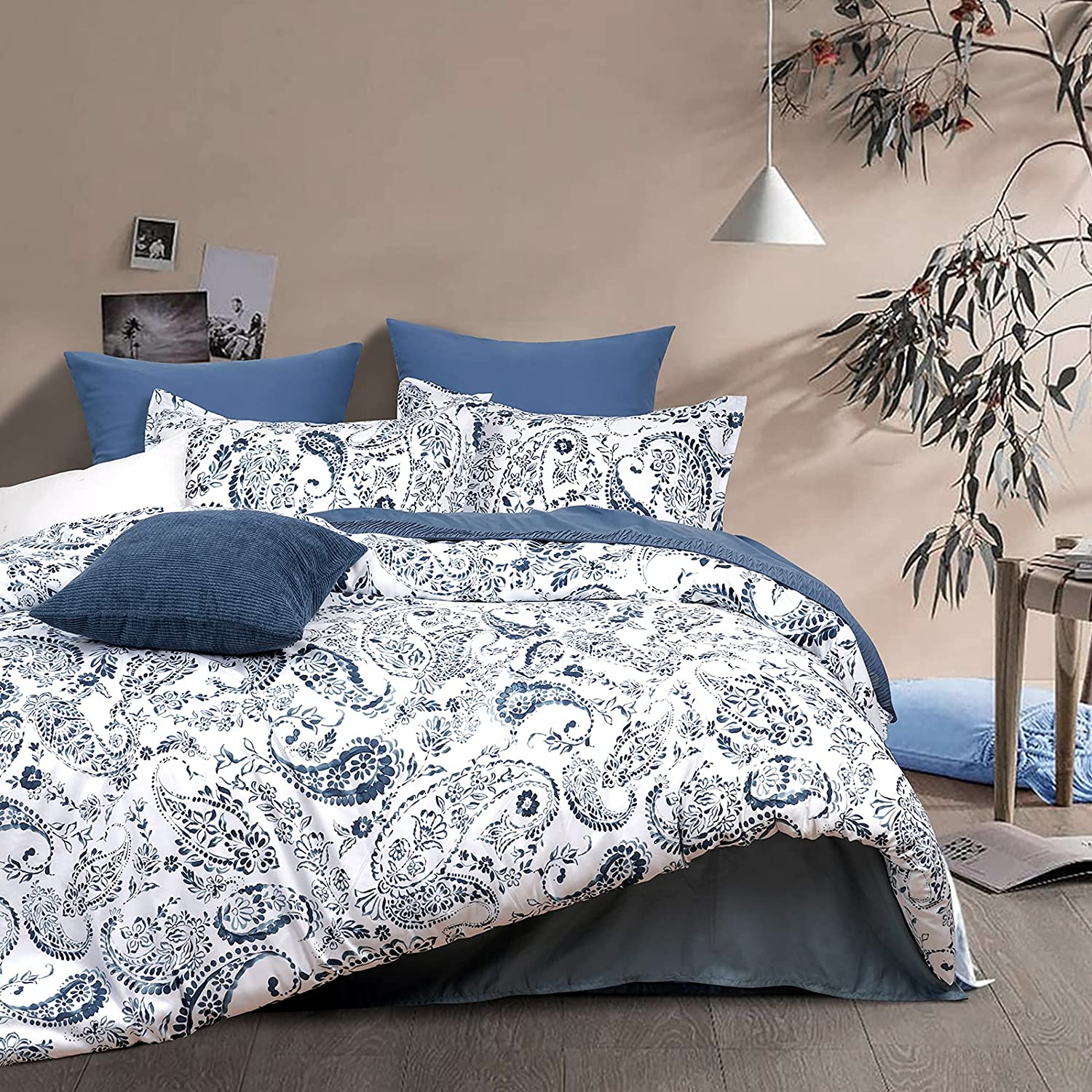 Price:$27.99  Microfiber Printed Duvet Cover Set Queen Size, 3PCS Boho Stylish Comforter Cover Set, Ultra Soft Comfy Farmhouse Duvet Cover with Pillow Shams Bedding Collection, 90" x 90", Aqua Blue & White : Home & Kitchen