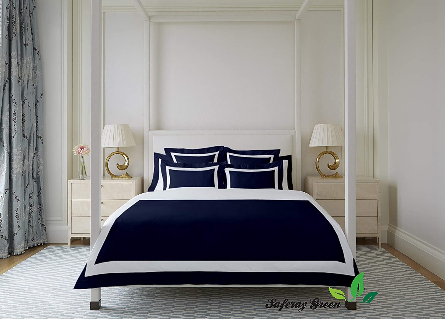 Price:$89.99  Luxury 3pc Two Tone Duvet Cover Set-850 Thread Count 100% Organic Cotton Premium Bedding Collection Queen Size 90 x 90 Inches Machine Washable (White & Navy Blue) : Home & Kitchen
