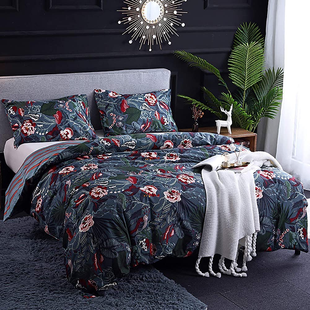 Price:$34.99  Blue Boho Bedding Sets Queen Size Floral Bird Leaves Pattern Printed Duvet Cover Set with Zipper Ties Duvet Cover Luxury Microfiber Comforter Cover Reversible Striped Queen Size 90X90 : Home & Kitchen