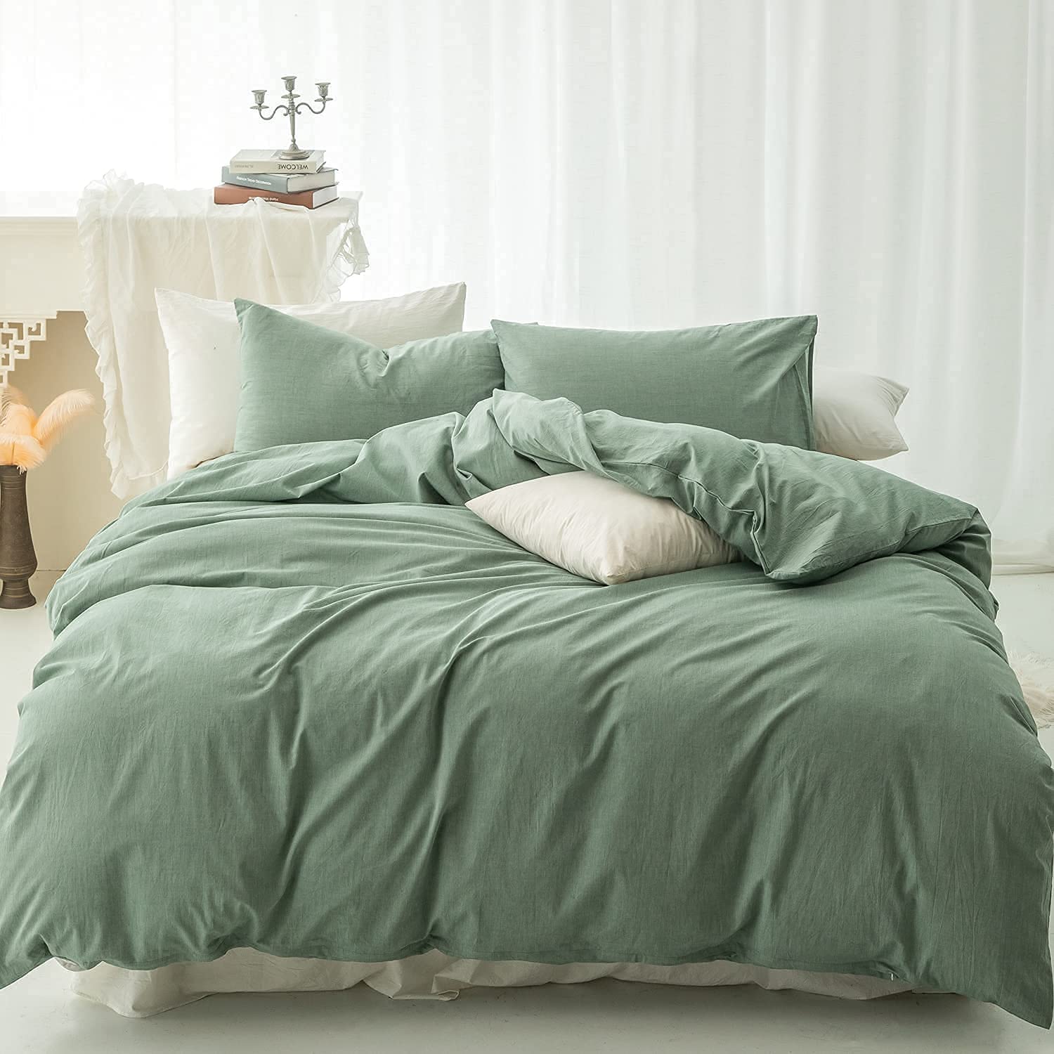 Price:$59.99  Washed Cotton Duvet Cover Set Queen Size 3 Piece Bedding Sets Linen Feel Soft Wrinkled Solid Design, 1 Duvet Cover and 2 Pillow Shams (Green) : Home & Kitchen