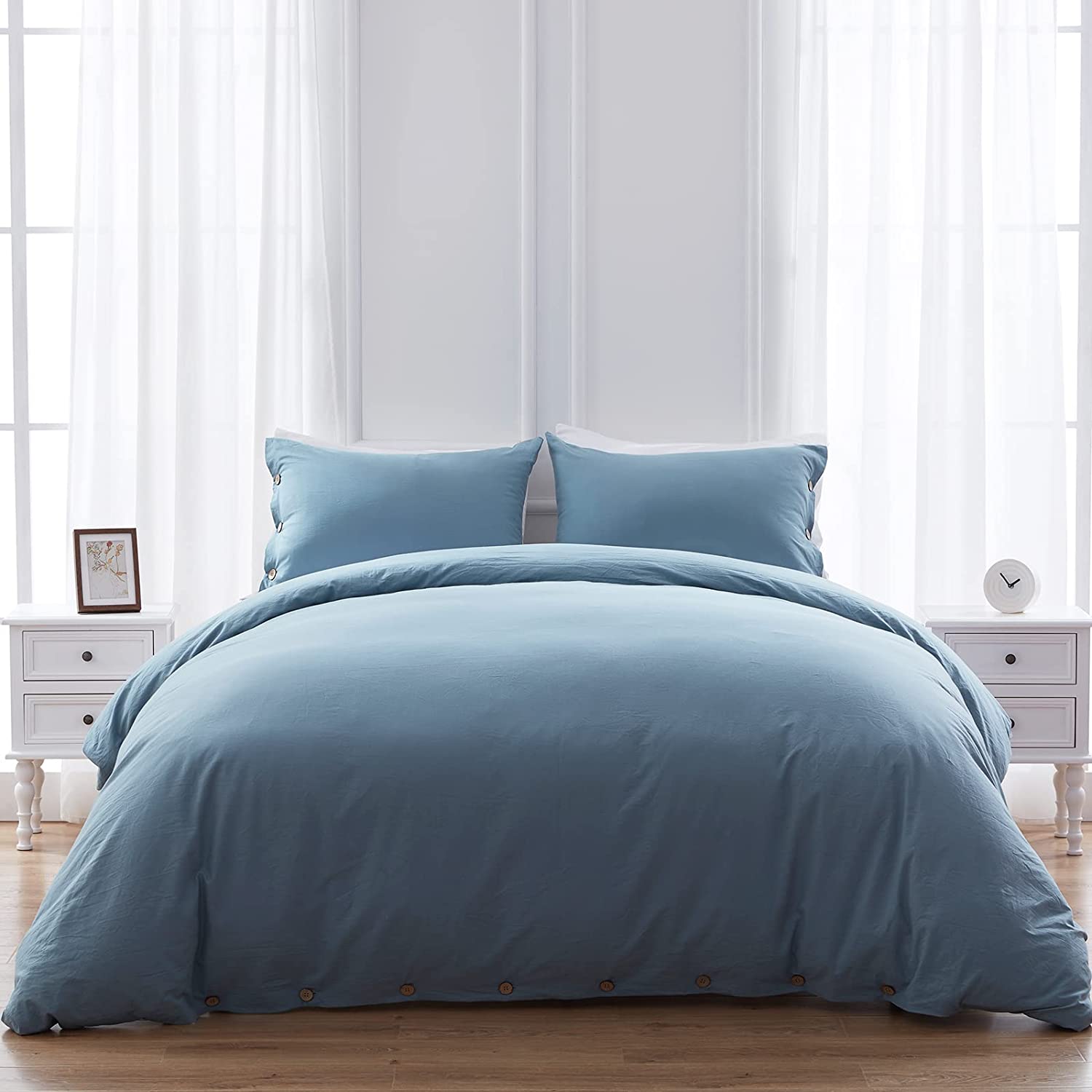 Price:$42.99  Home 100% Washed Cotton Duvet Cover Set Breathable Soft Queen Blue Grey Duvet Cover 3 Pieces Solid Color Bedding Set with Buttons Closure Comforter Cover Set (1 Duvet Cover +2 Shams) : Home & Kitchen