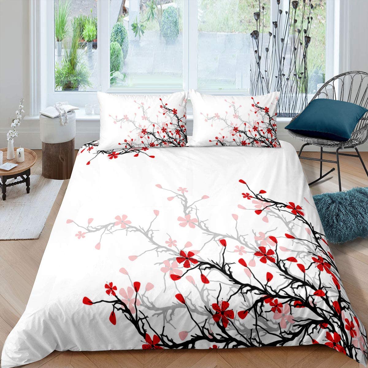 Price:$49.00  Duvet Cover King Size,Adult Women Spring Cherry Blossom Comforter Cover Asian Botanic Themed Pattern Fresh Organic Art Bedding Set, Branch of Red Flowers Decorative Bedspreads White Black : Home & Kitchen