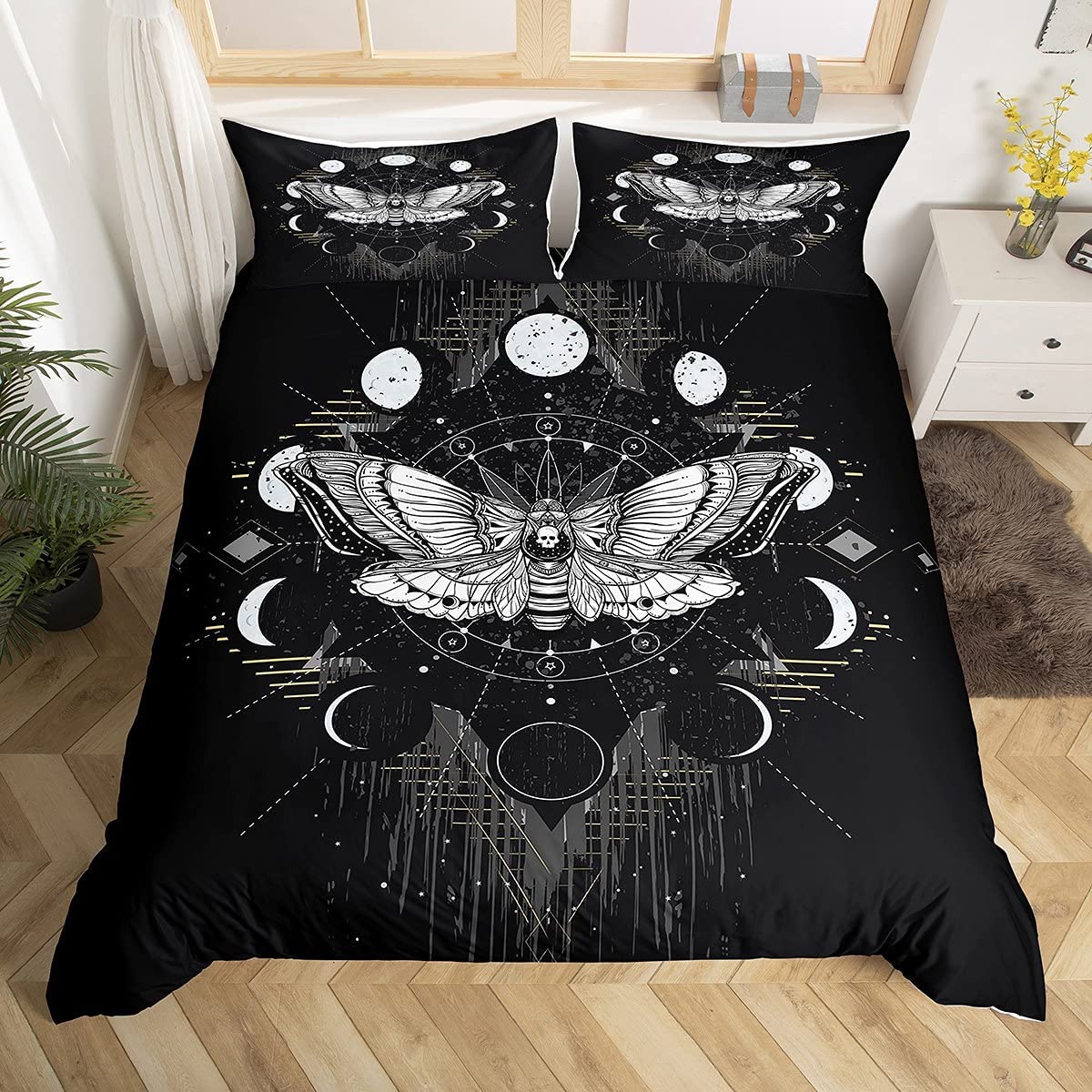 Price:$47.00  Death Moth Duvet Cover Set King Size Galaxy Sun and Moon Comforter Cover Boho Gothic Skull Bedding Set 3pcs for Kids Boys Teens Room Decor Black and White Quilt Cover with 2 Pillowcases : Home & Kitchen