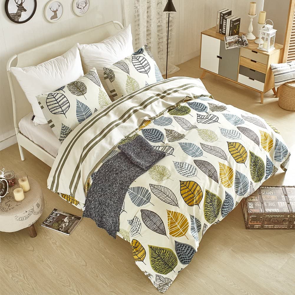 Price:$49.88  Duvet Cover Set 100% Pure Cotton 3 Piece Bedding Sets with Zipper Closure Ultra Soft Comfy Breathable Colorful Leaves Pattern Design Queen Size(90"x90") : Home & Kitchen