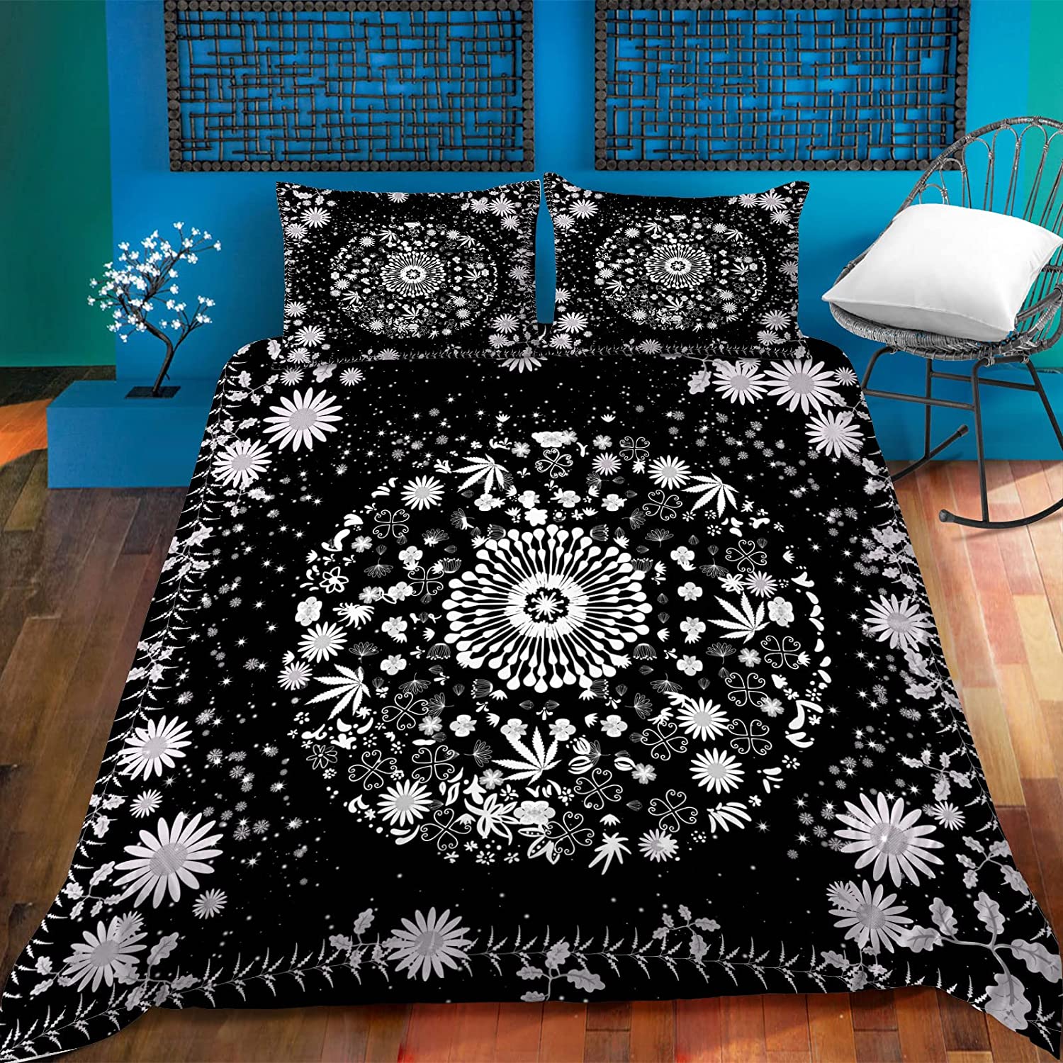 Price:$42.99  Mandala Black and White Bedding Set Full Size Bohemian Daisy Medallion Duvet Cover Boho Hippie Style Prints Comforter Cover 3 Piece Set with 2 Pillowcases （No Comforter） : Home & Kitchen