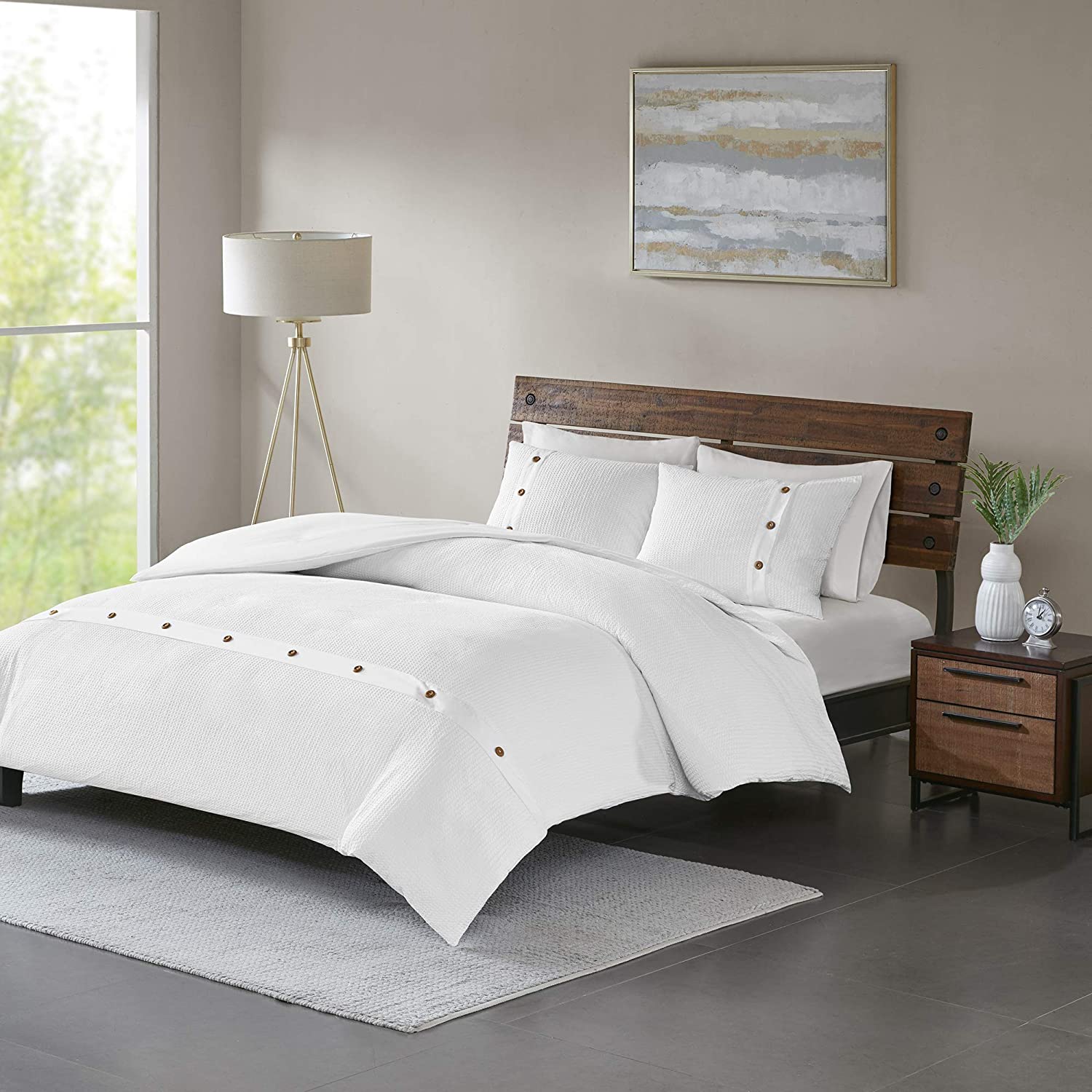 Price:$84.99  Park 100% Cotton Duvet Set, Modern Lifestyle Design All Season, Breathable Comforter Cover Bedding, Matching Shams, King/California King (104 in x 92 in), Waffle White 3 Piece : Home & Kitchen