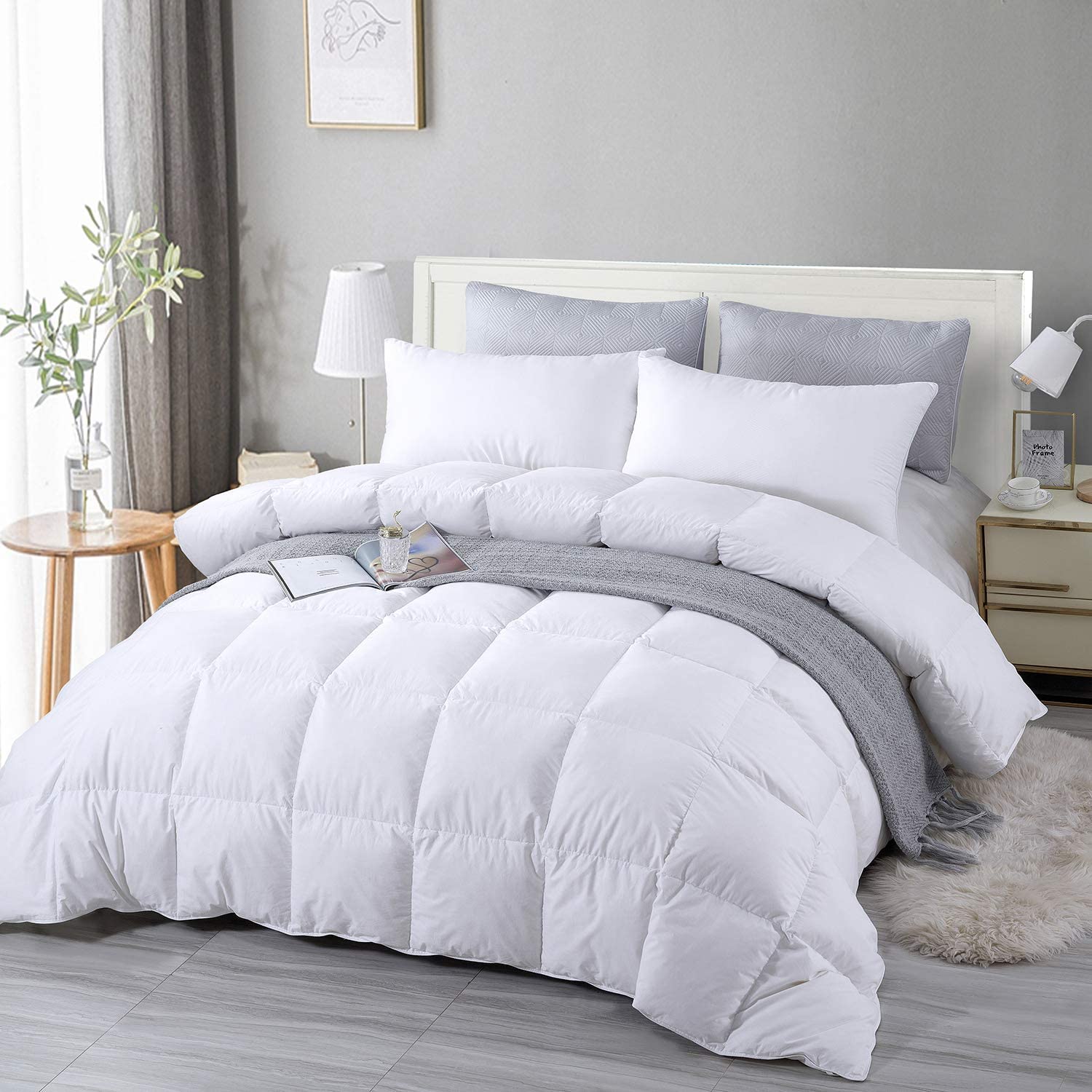 Price:$94.00  Over Sized King Comforter with 95% Feather and 5% Down Filling–100% Cotton Quilted All Season Duvet Insert or Stand-Alone with Corner Tabs 116×98 Inch White : Home & Kitchen