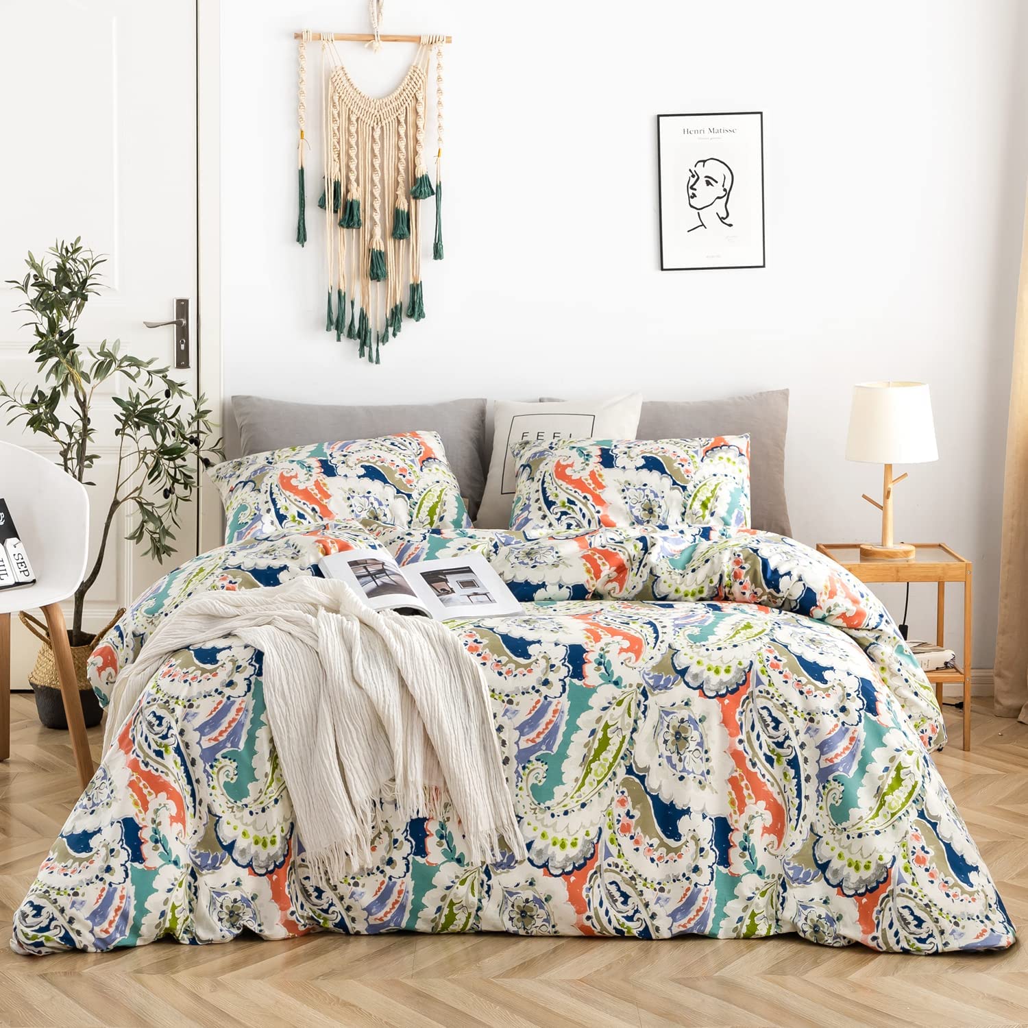 Price:$55.99  Boho Paisley Duvet Cover Set 100% Cotton King Size Bedding 3 Pieces Set 1 Orange Blue Flowers Bohemian Vibrant Print Duvet Cover with Zipper Ties 2 Pillowcases Hotel Quality Soft Breathable : Home & Kitchen