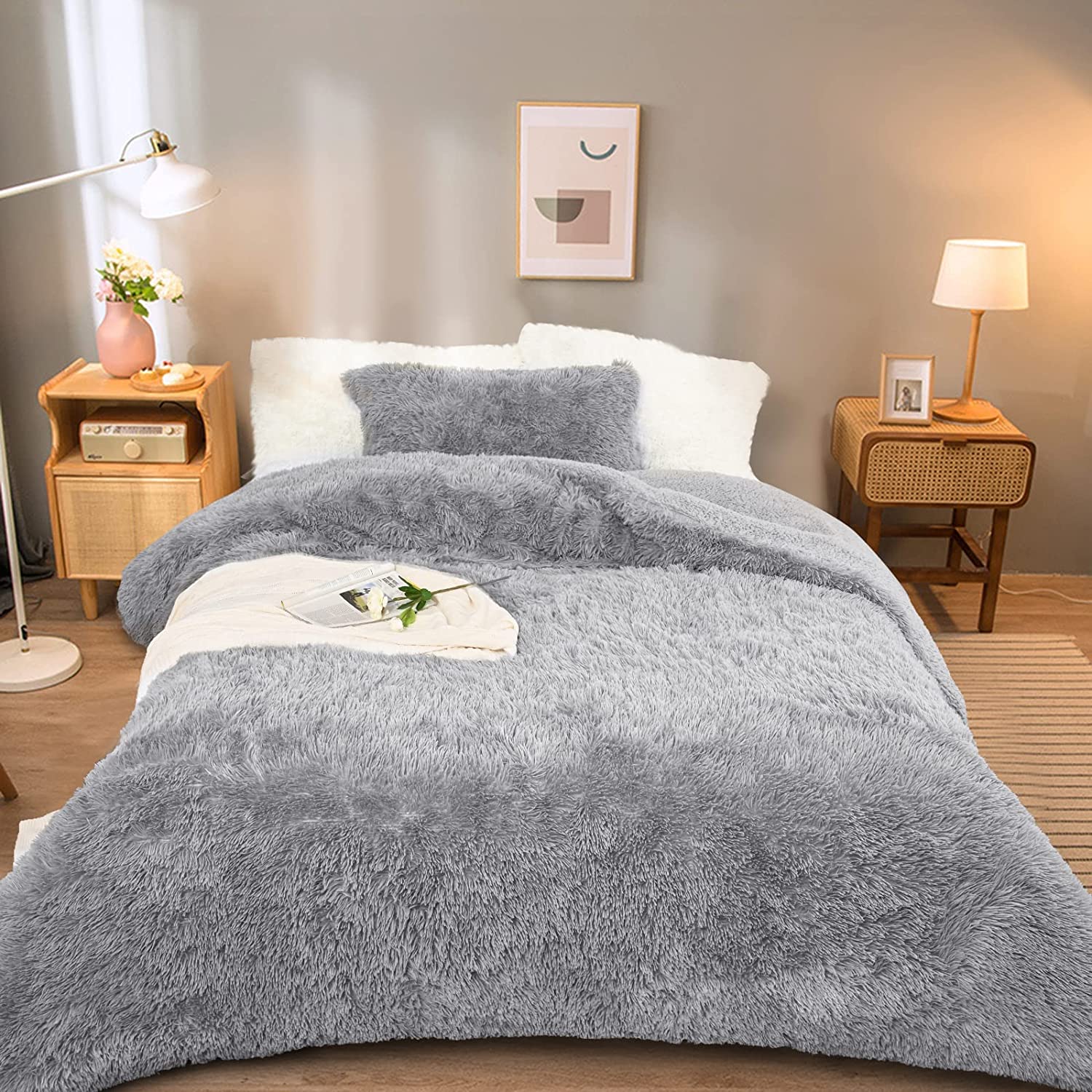 Price:$44.99  Luxury Shaggy Duvet Cover Set, Soft Fluffy Comforter Velvet Cover Bedding Sets, Comforter Set Bedding 3 PCS Contains 1 Pillowcase, 1 Furry Duvet Cover and 1 Luxury Bedspread, Grey : Home & Kitchen