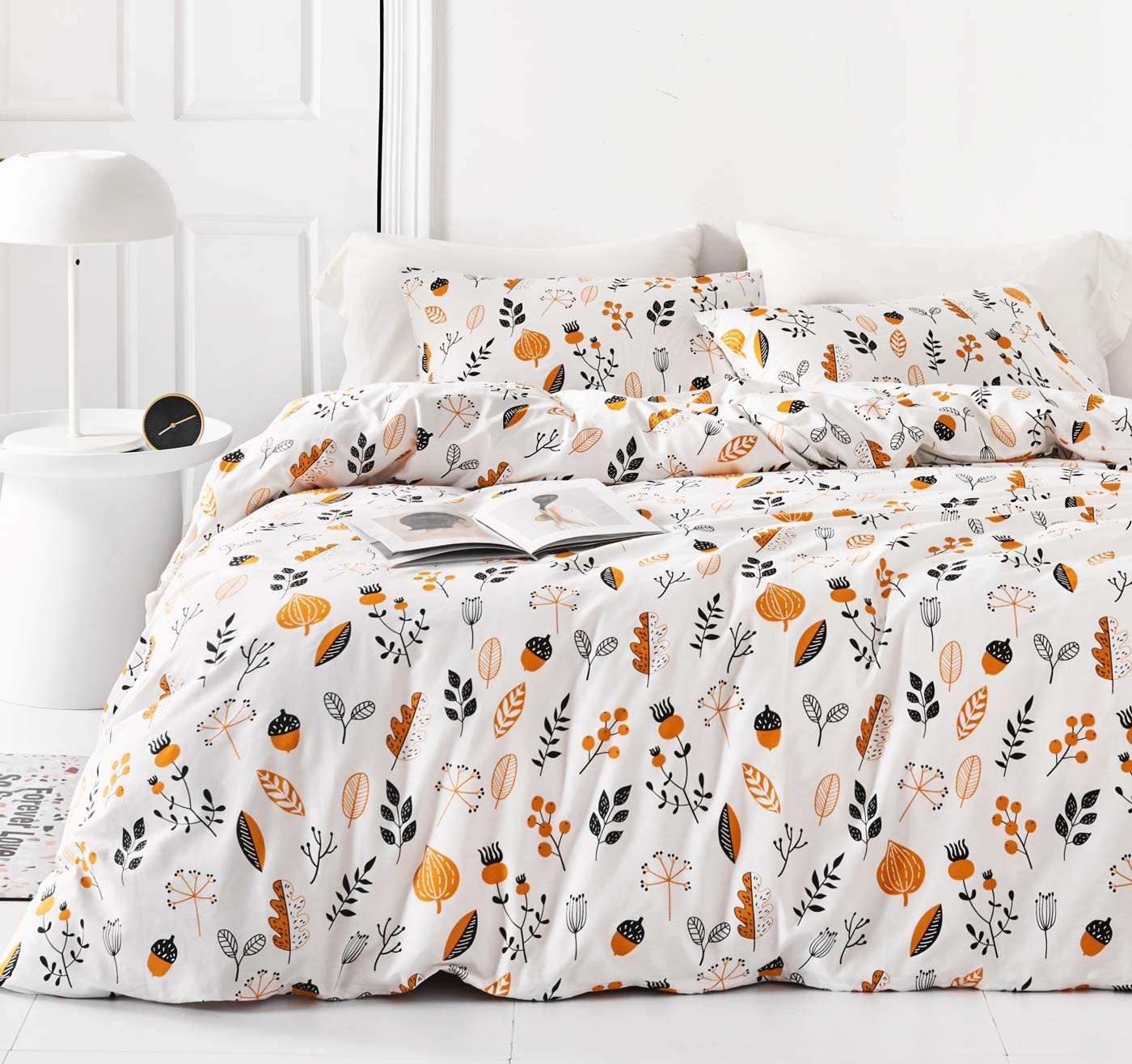 Price:$49.99  3 Pieces Duvet Cover Set 100% Cotton White Queen Size Boho Botanical Bedding Set 1 Orange Floral Leaves Plants Print Duvet Cover with Zipper Ties 2 Pillowcase Hotel Quality Soft Breathable : Home & Kitchen