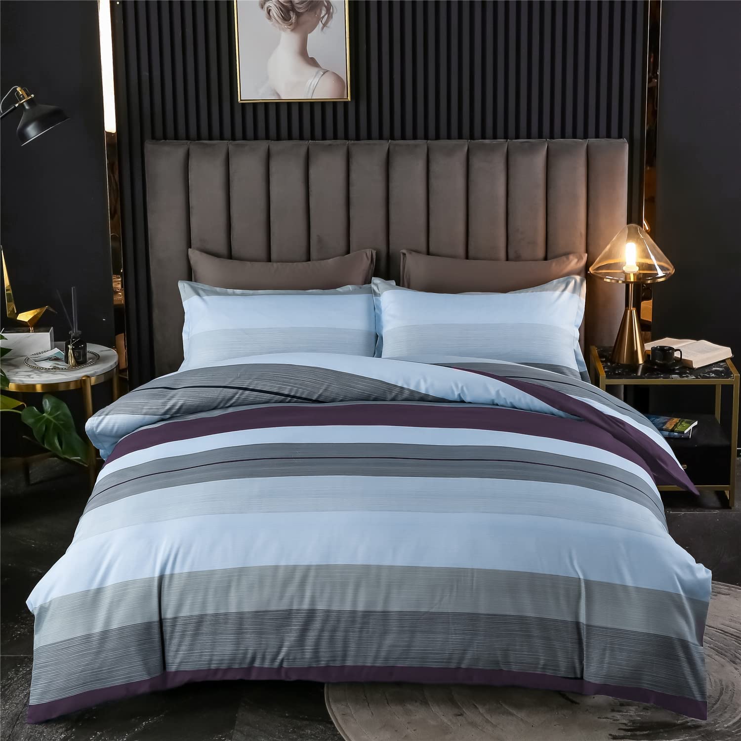 Price:$30.99  Ultra Soft Duvet Cover Set, 3 Pieces Set (1 Comforter Cover and 2 Pillow Shams) with Zipper Closure, Blue and Grey, King Size : Home & Kitchen