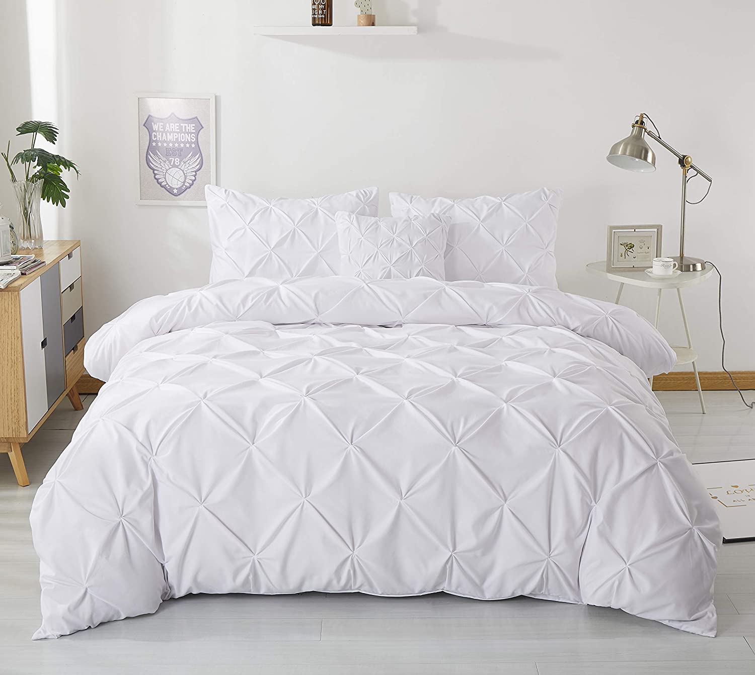 Price:$29.99  Duvet Cover Set 3 Pieces - Pintuck Pinch Pleated 120gsm Microfiber Comforter Cover with Zipper Closure Includes Complementary Cushion Cover (White, King) : Home & Kitchen
