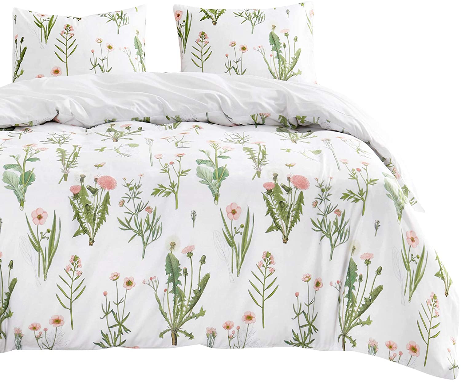 Price:$36.99  In Cloud - Botanical Duvet Cover Set, Pink Dandelion Flowers and Green Leaves Floral Garden Pattern Printed on White, Soft Microfiber Bedding (3pcs, Queen Size) : Home & Kitchen