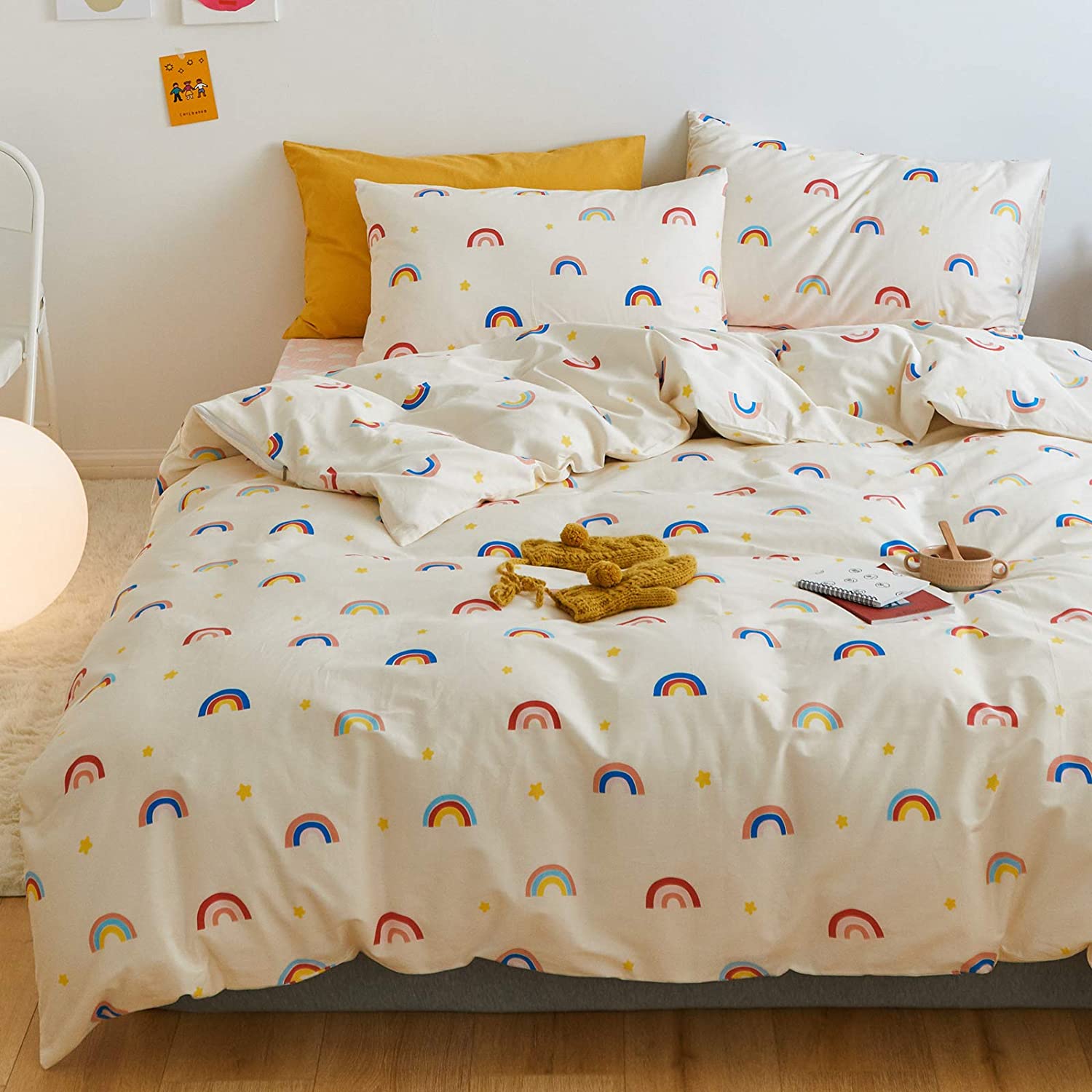 Price:$42.99  Rainbow Duvet Cover Set Twin 100% Cotton Bedding for Kids Boys Girls Teens Cartoon Pink Blue Rainbow Star on Cream White 1 Comforter Cover with Zipper Ties 2 Pillowcases Twin : Home & Kitchen
