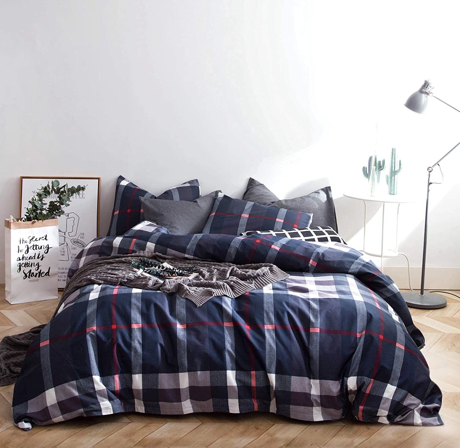 Price:$50.99  3 Piece Duvet Cover Set 100% Cotton Queen Size Navy Tartan Plaid Bedding Set 1 Checkered Geometric Duvet Cover with Zipper Ties 2 Pillowcases Luxury Quality Soft Comfortable Durable Breathable : Everything Else