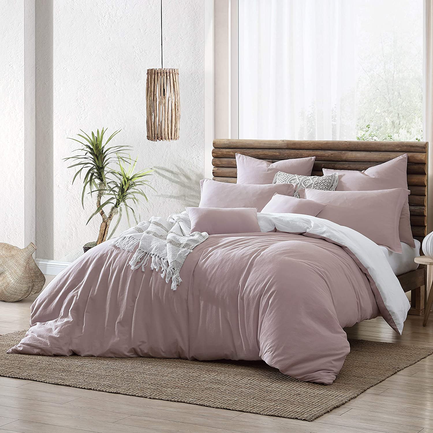 Price:$69.99  Home Valatie 100% Cotton Garment Washed & Dyed Reversible Duvet Cover Bedding Set, Breathable & Naturally Wrinkled - Woodrose/White, King/Cal King (106” x 92”) – Comforter Not Included : Home & Kitchen