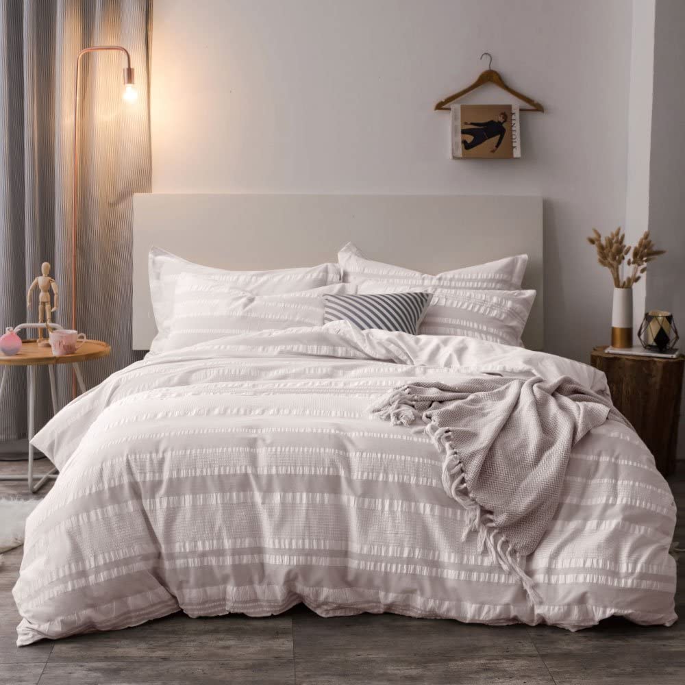 Price:$59.99  Cotton Duvet Cover Set Queen,100% Cotton Yarn Dyed Seersucker Woven Stripe Comforter Cover with 2 Pillowshams-Queen Light Grey : Home & Kitchen