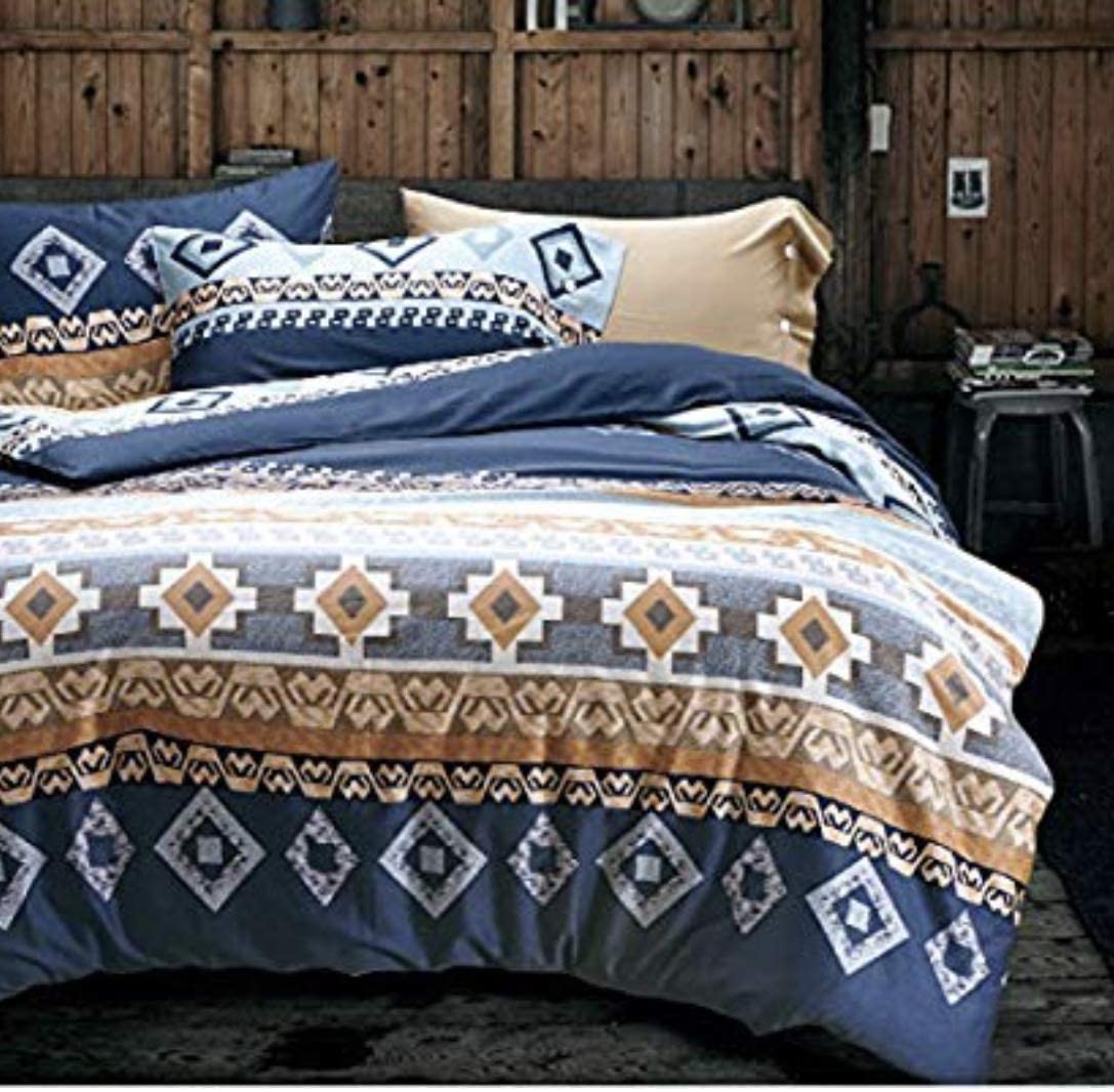 Price:$118.80  Duvet Cover Striped Ethnic Boho Reversible Southwestern 400TC Cotton Bedding 3pc Set Navy White Orange Modern Geo Aztec Print 120x98 (Super King) : Home & Kitchen
