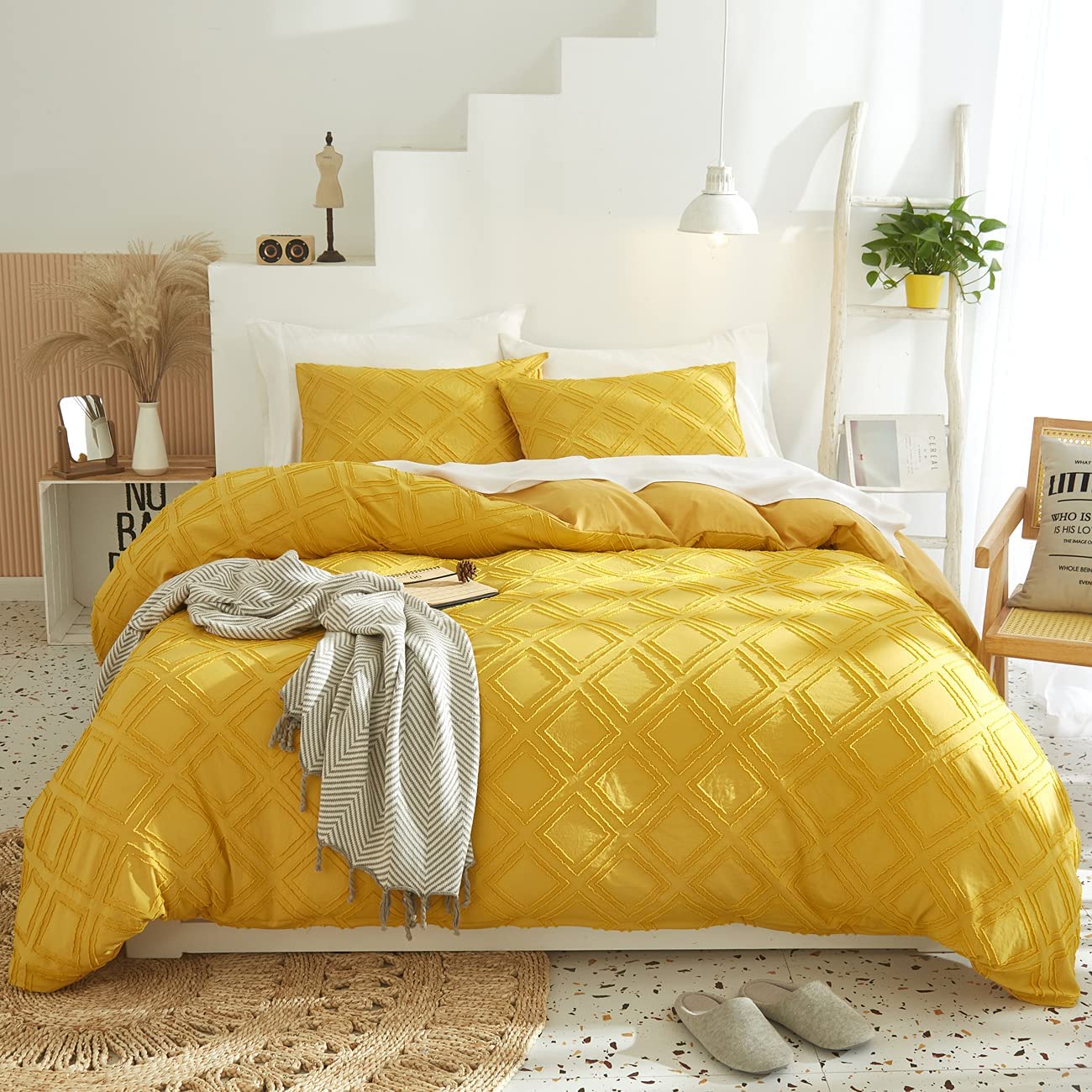 Price:$36.99  3PCS Yellow Duvet-Cover-Sets Queen, Tufted Grid Pattern Microfiber Luxury Soft Comfortable Polyester Comforter-Cover-Sets with 1 Duvet Cover and 2Pillowcases,Zipper Closure Bedding-Sets : Home & Kitchen