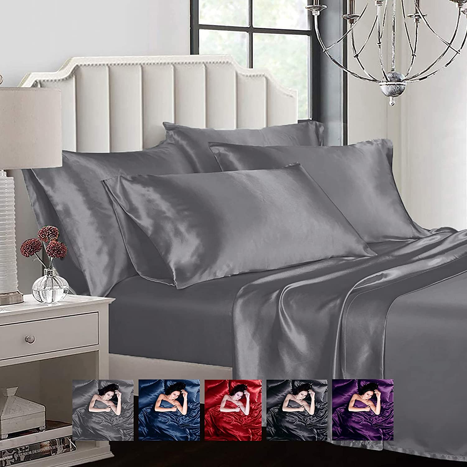 Price:$36.99  AHMEDANI LINEN Sexy Satin Sheet 6 Pcs Queen Bedding Set 1 Duvet Cover + 1 Fitted Sheet + 4 Pillow Cases Grey Queen : Home & Kitchen